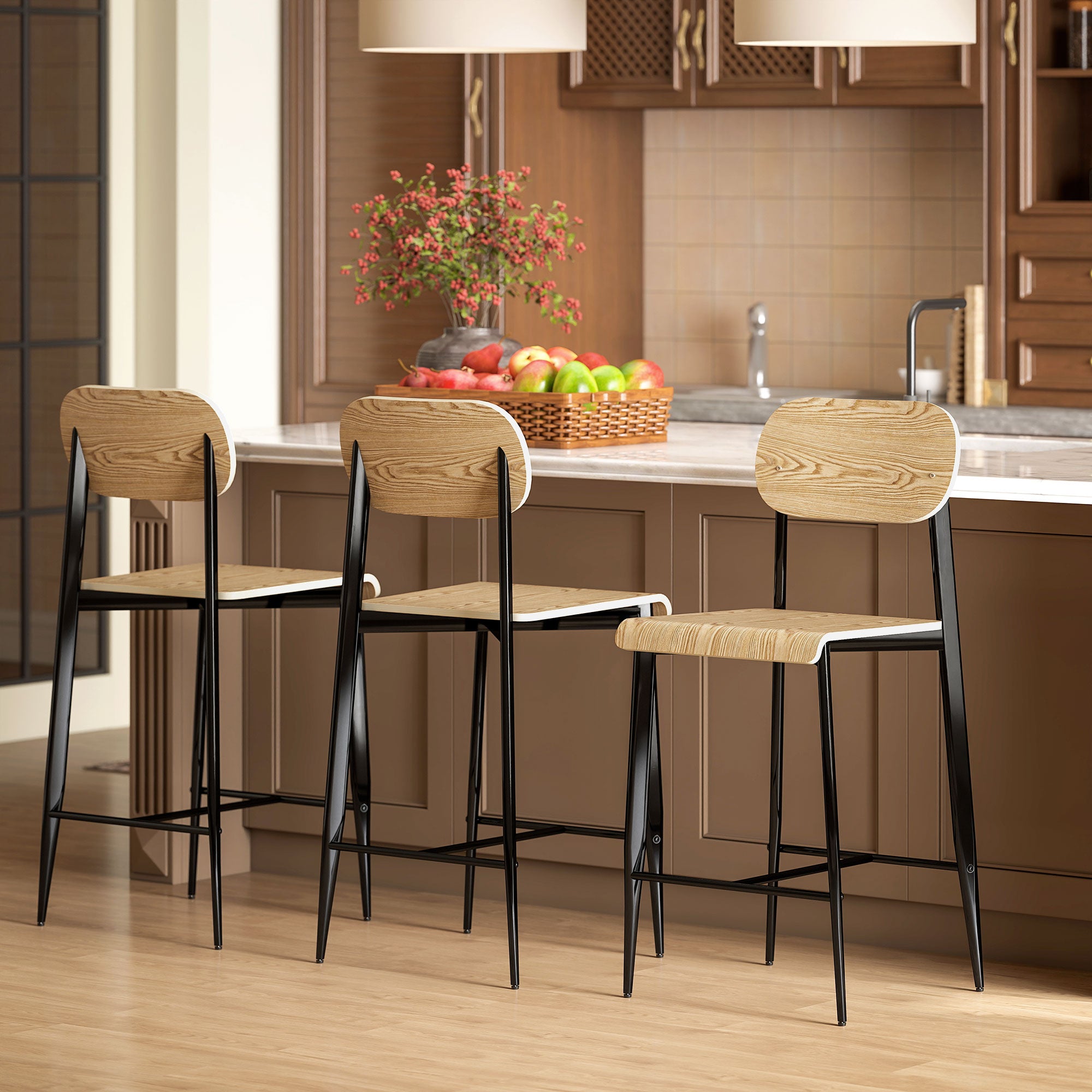 Lot de 2 tabourets de bar, chaises de bar, tabourets de cuisine hauts 65H cm avec dossier, structure en acier, effet bois naturel
