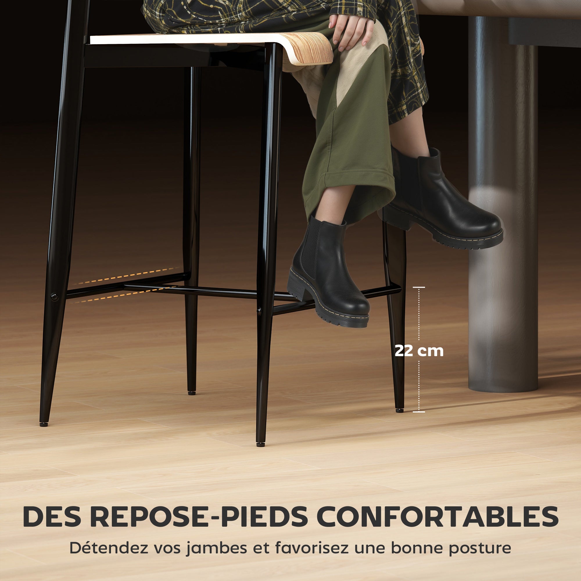 Lot de 2 tabourets de bar, chaises de bar, tabourets de cuisine hauts 65H cm avec dossier, structure en acier, effet bois naturel