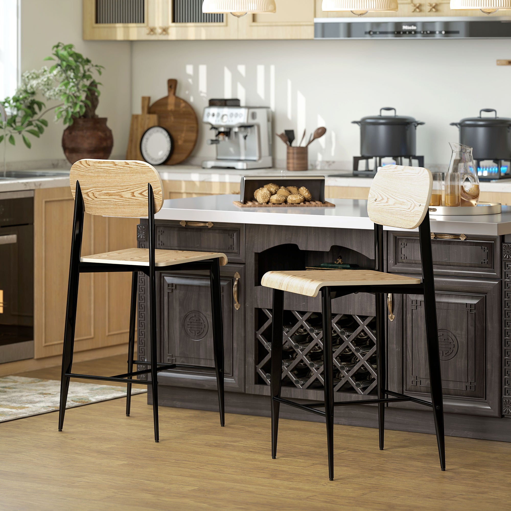 Lot de 2 tabourets de bar, chaises de bar, tabourets de cuisine hauts 65H cm avec dossier, structure en acier, effet bois naturel