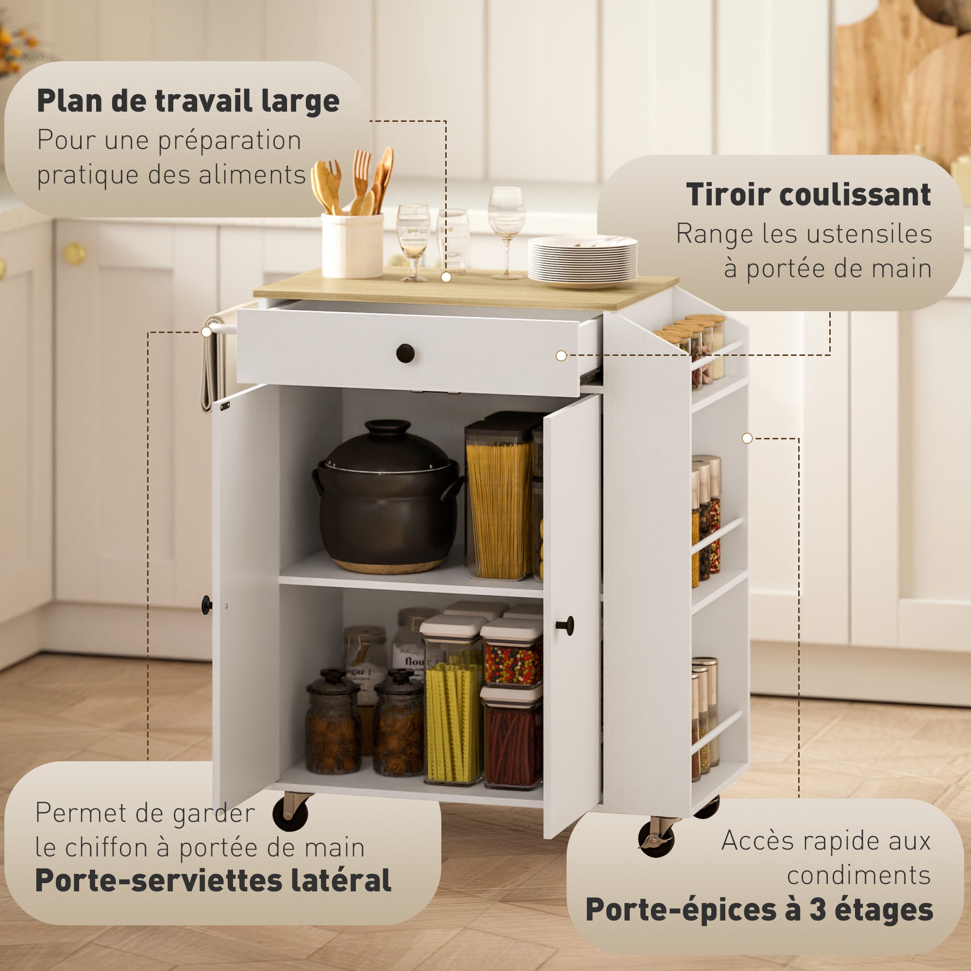Îlot central cuisine mobile, desserte cuisine avec tiroir, étagère réglable, placard à deux portes, barre à serviettes et étagères à épices pour salle à manger, blanc