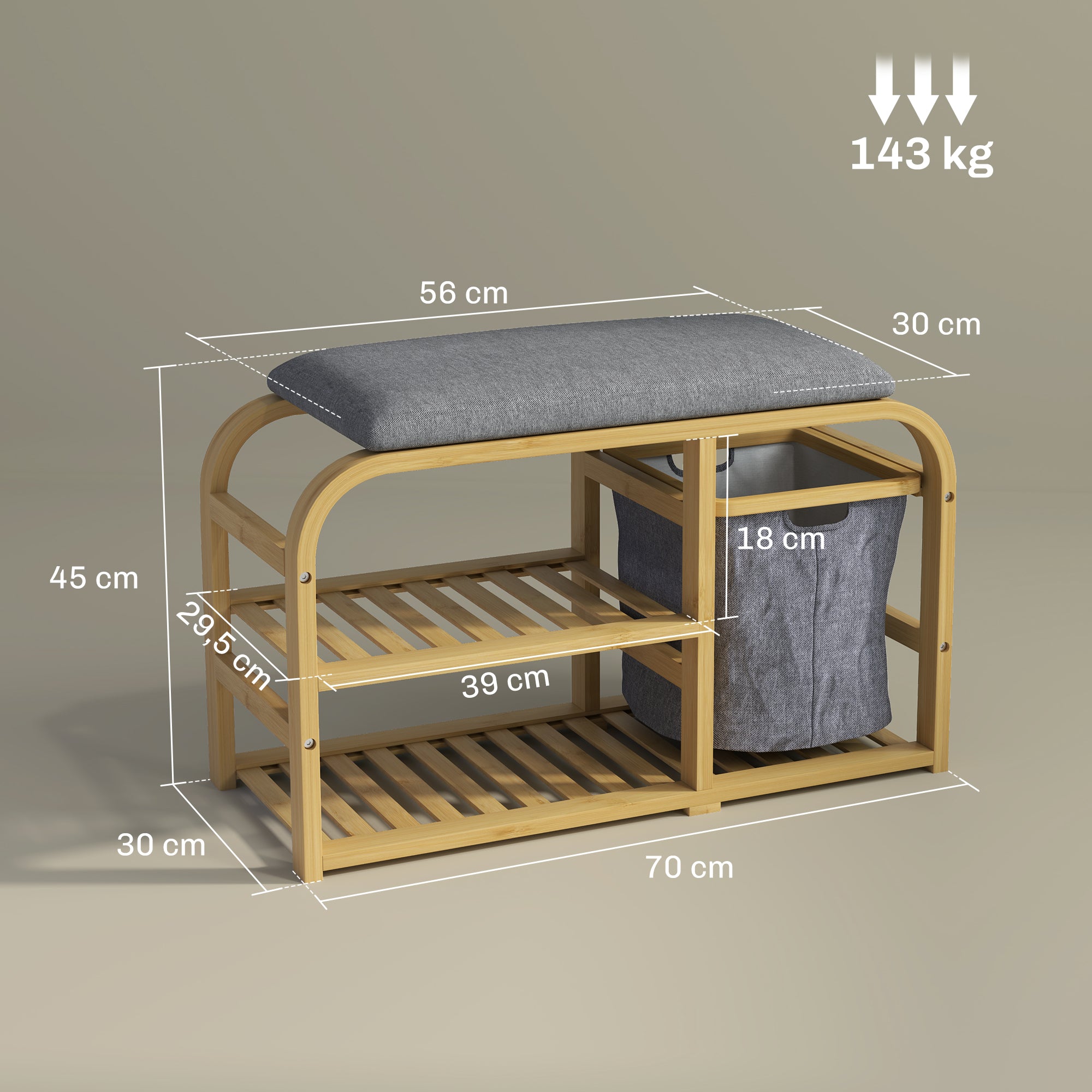 Banc à chaussures en bambou meuble à chaussures avec coussin d'assise, 2 étagères à lattes et panier en tissu coulissant, banc d'entrée pour couloir, chambre, 70x30x45cm, bois naturel