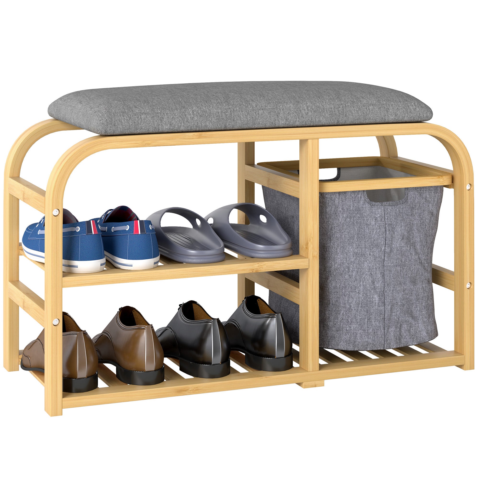 Banc à chaussures en bambou meuble à chaussures avec coussin d'assise, 2 étagères à lattes et panier en tissu coulissant, banc d'entrée pour couloir, chambre, 70x30x45cm, bois naturel