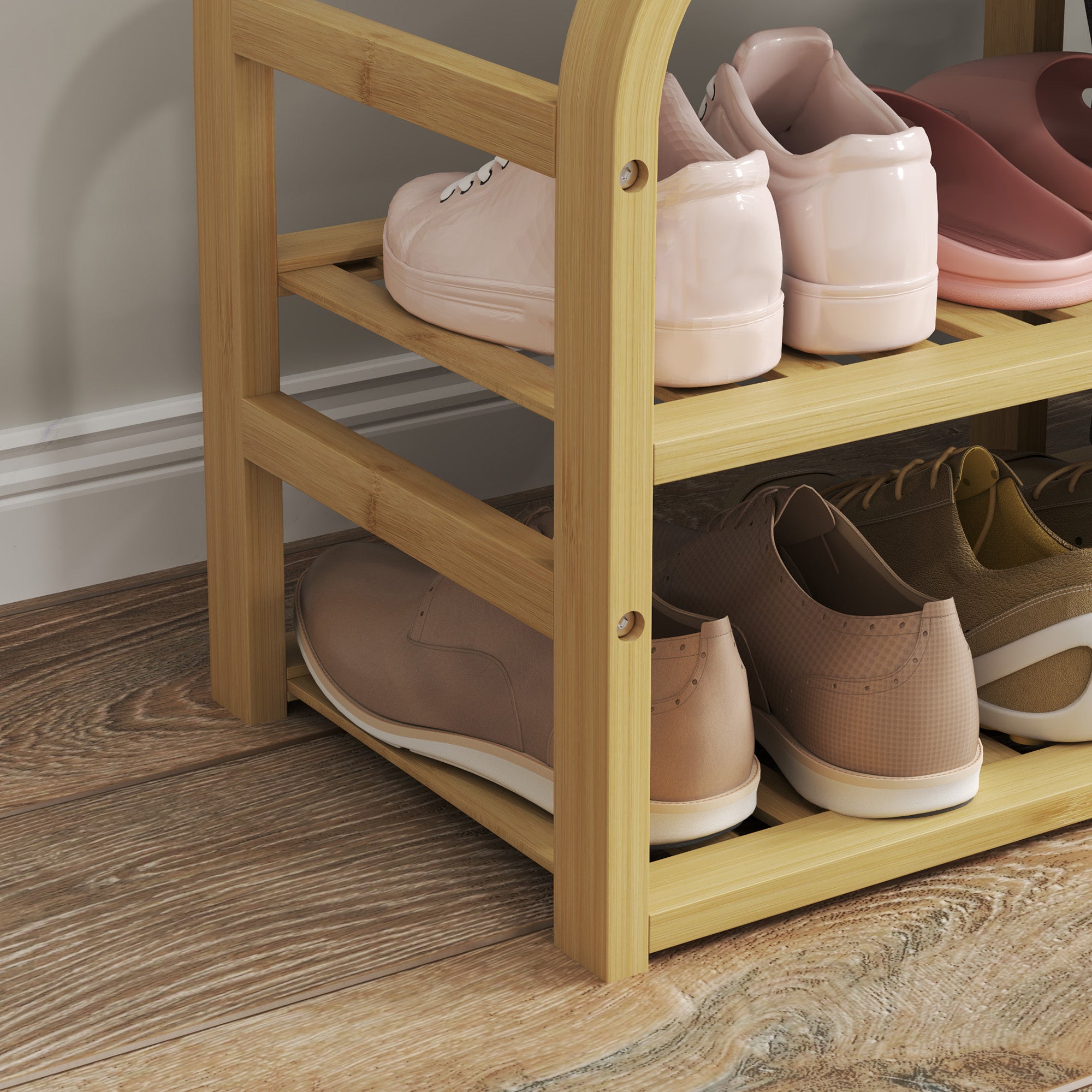 Banc à chaussures en bambou meuble à chaussures avec coussin d'assise, 2 étagères à lattes et panier en tissu coulissant, banc d'entrée pour couloir, chambre, 70x30x45cm, bois naturel