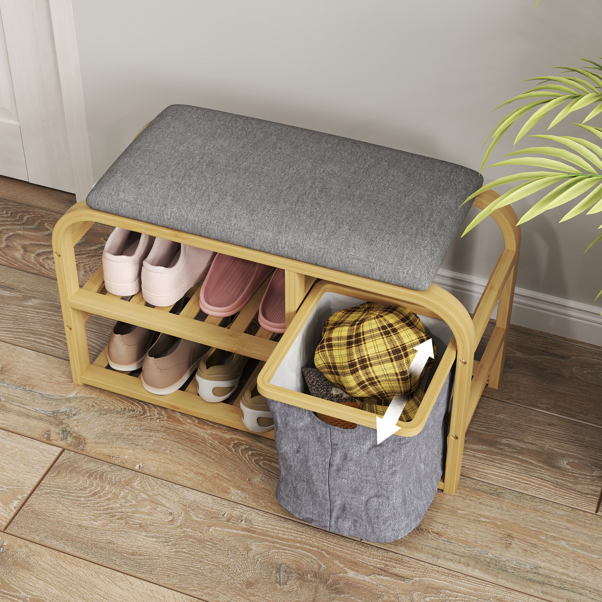 Banc à chaussures en bambou meuble à chaussures avec coussin d'assise, 2 étagères à lattes et panier en tissu coulissant, banc d'entrée pour couloir, chambre, 70x30x45cm, bois naturel