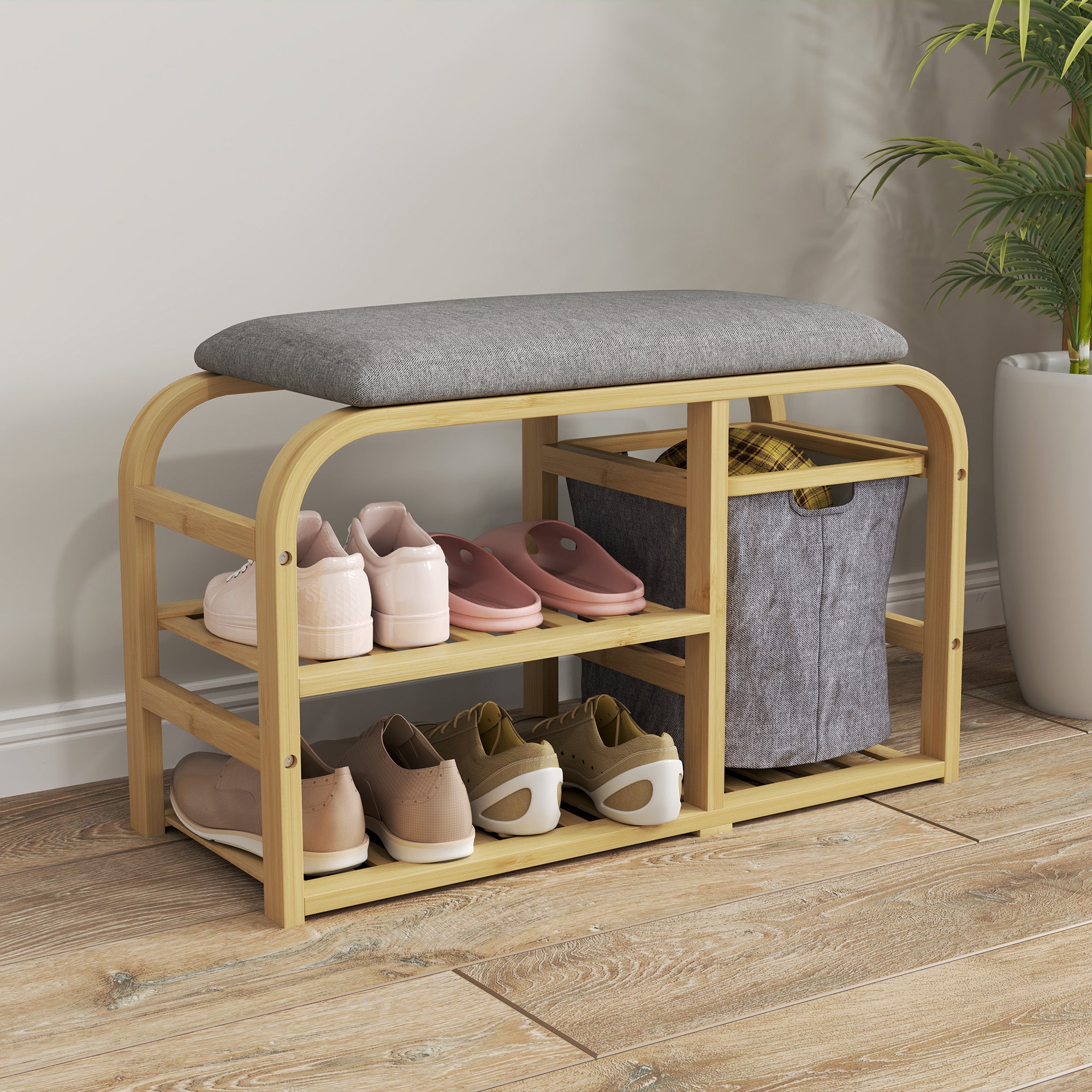 Banc à chaussures en bambou meuble à chaussures avec coussin d'assise, 2 étagères à lattes et panier en tissu coulissant, banc d'entrée pour couloir, chambre, 70x30x45cm, bois naturel