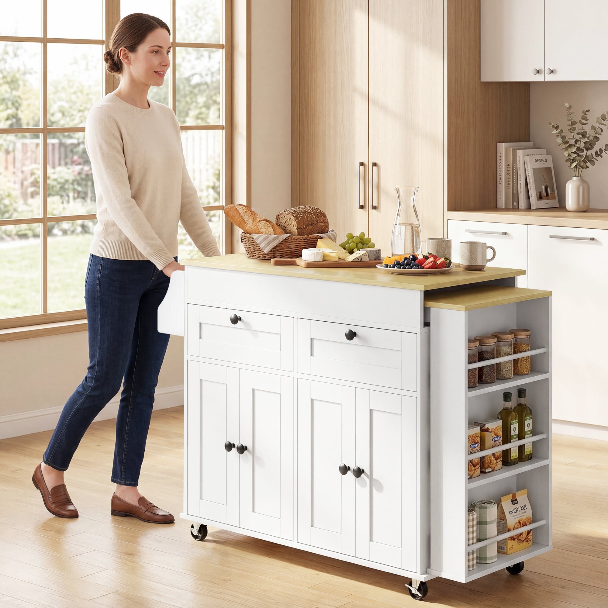Îlot Central Cuisine avec Plateau Extensible, Desserte de Cuisine sur Roulettes avec 2 Tiroirs, 4 Portes, Porte-Serviettes et Porte-Épices, Style Rustique,127,2-189,2 x 50 x 87,8 cm, Blanc