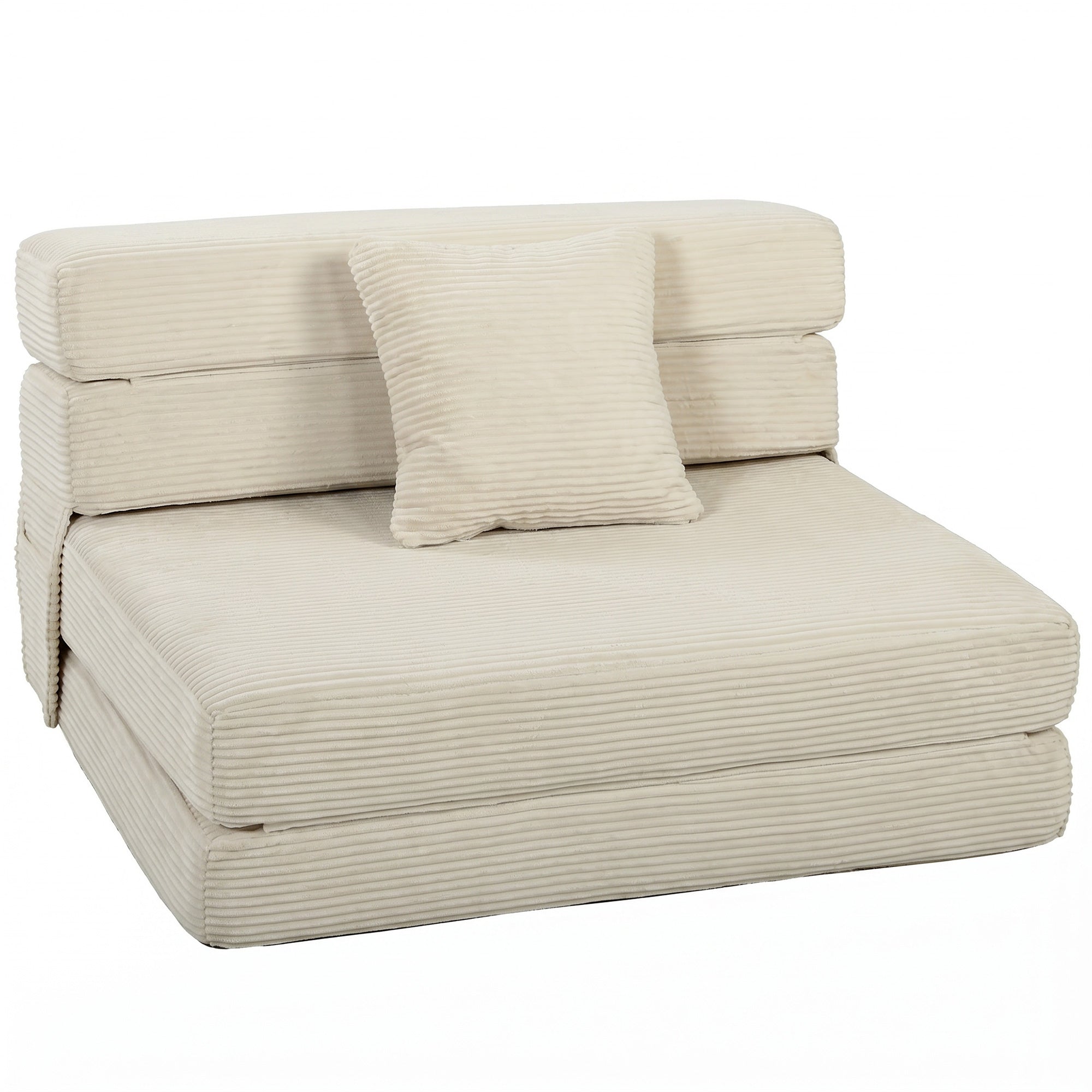 Canapé-Lit Pliant 2 en 1, Chauffeuse 1 Place Convertible Velours Côtelé, Matelas Pliable, Coussin Épais Dossier Oreiller Poches Latérales, Entièrement Compressé Aucun Assemblage Requis, Crème