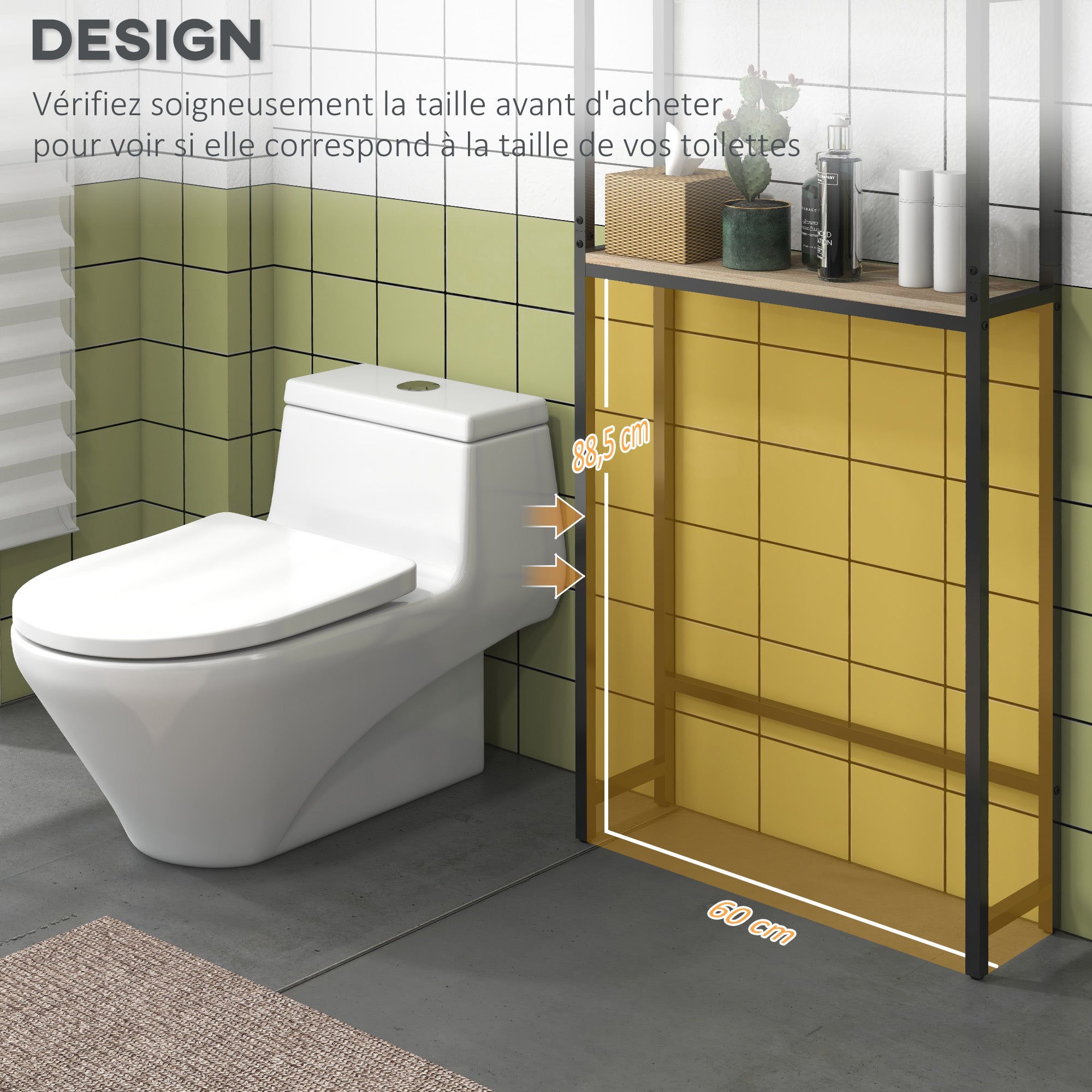Étagère de toilettes meuble de salle de bain dessus toilette WC avec placard 2 portes et étagère ouverte dim. 64L x 19l x 178H cm chêne et noir