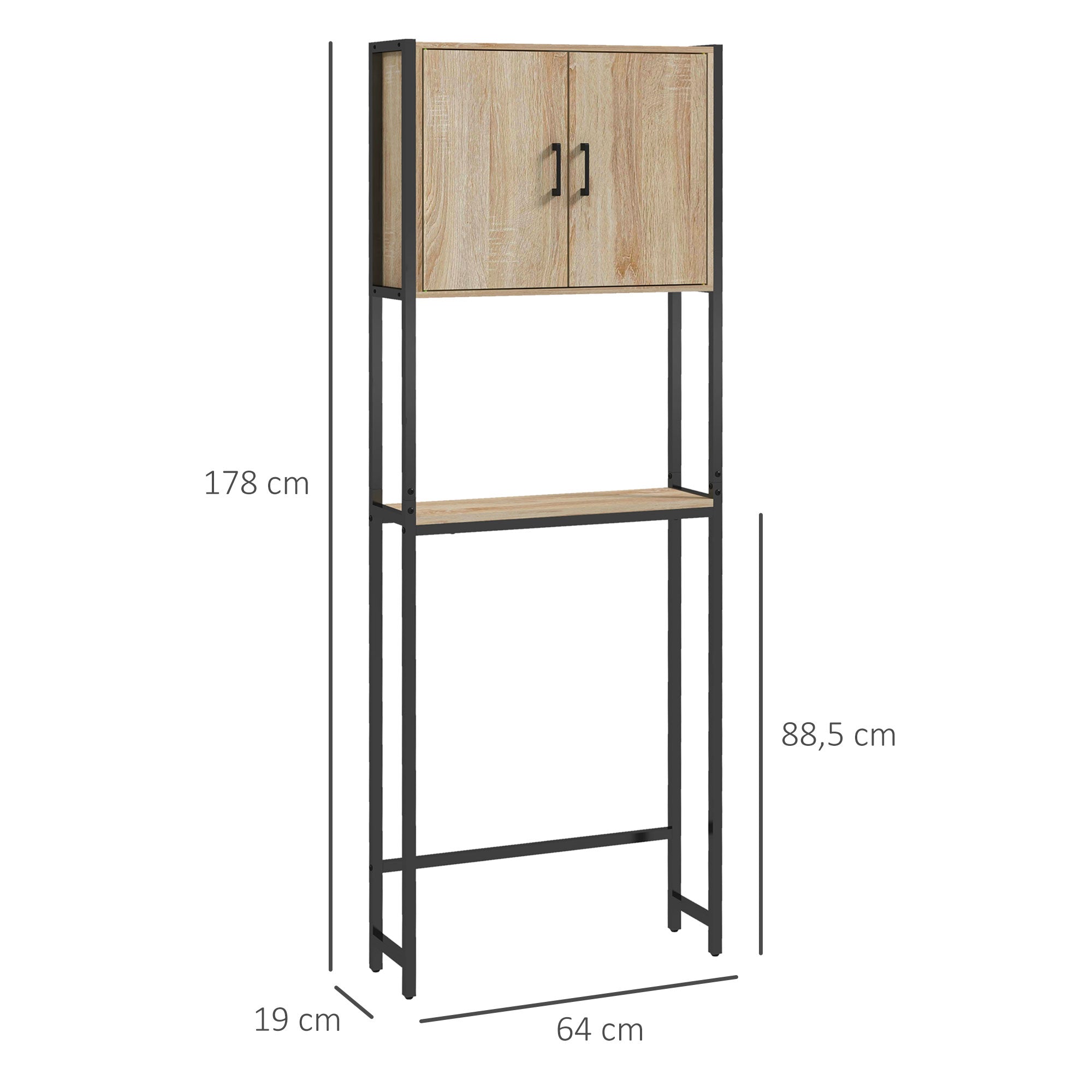 Étagère de toilettes meuble de salle de bain dessus toilette WC avec placard 2 portes et étagère ouverte dim. 64L x 19l x 178H cm chêne et noir