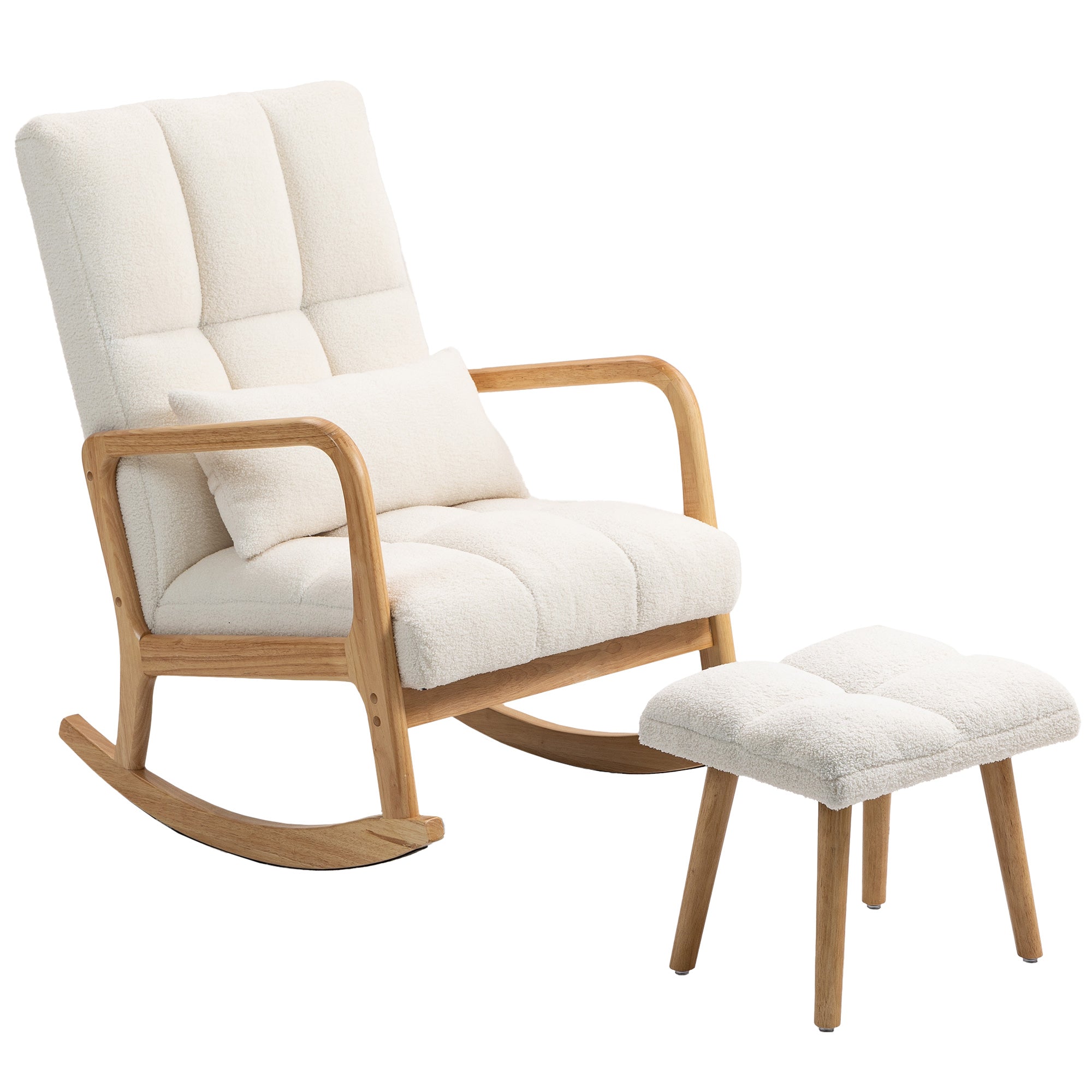 Fauteuil à bascule avec repose-pieds, rocking chair, fauteuil allaitement en tissu bouclette, assise large, pieds en bois, coussin inclus, chaise à bascule pour salon, chambre, balcon, blanc