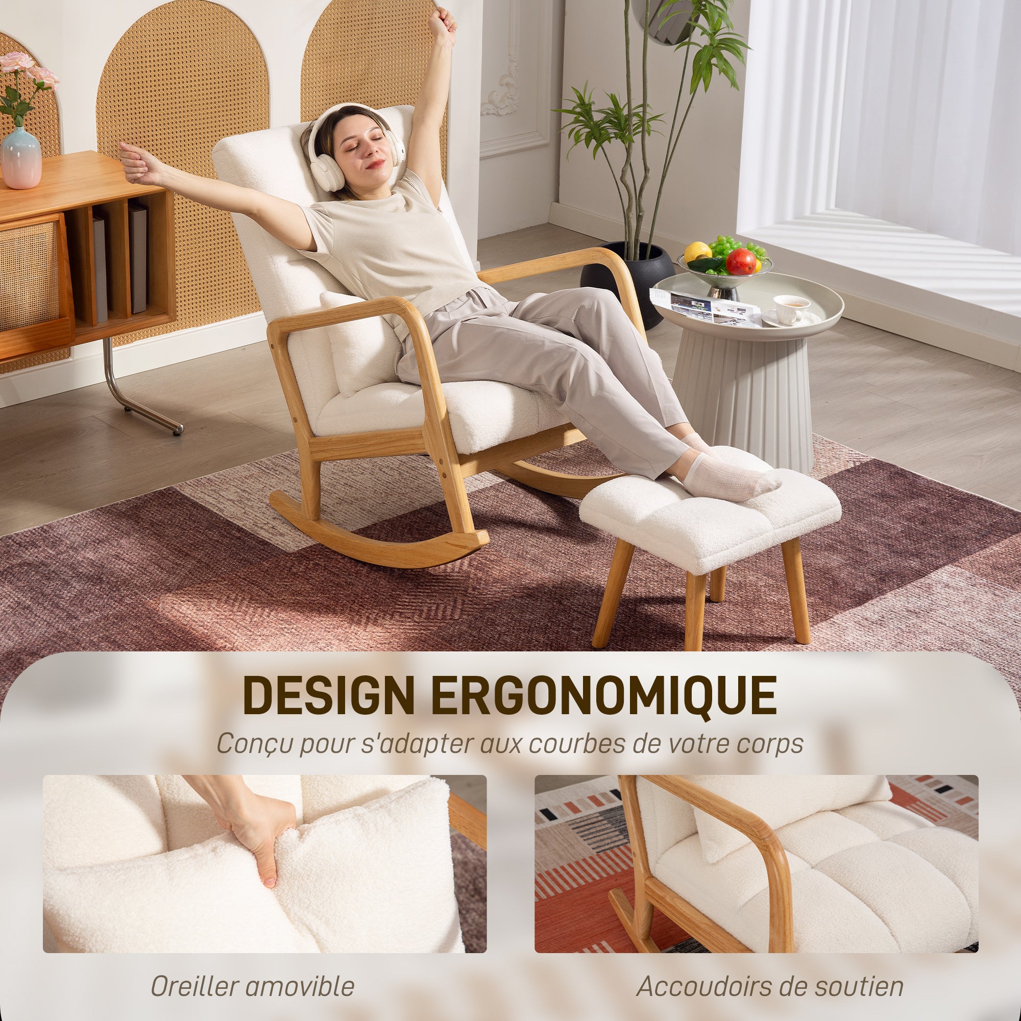 Fauteuil à bascule avec repose-pieds, rocking chair, fauteuil allaitement en tissu bouclette, assise large, pieds en bois, coussin inclus, chaise à bascule pour salon, chambre, balcon, blanc