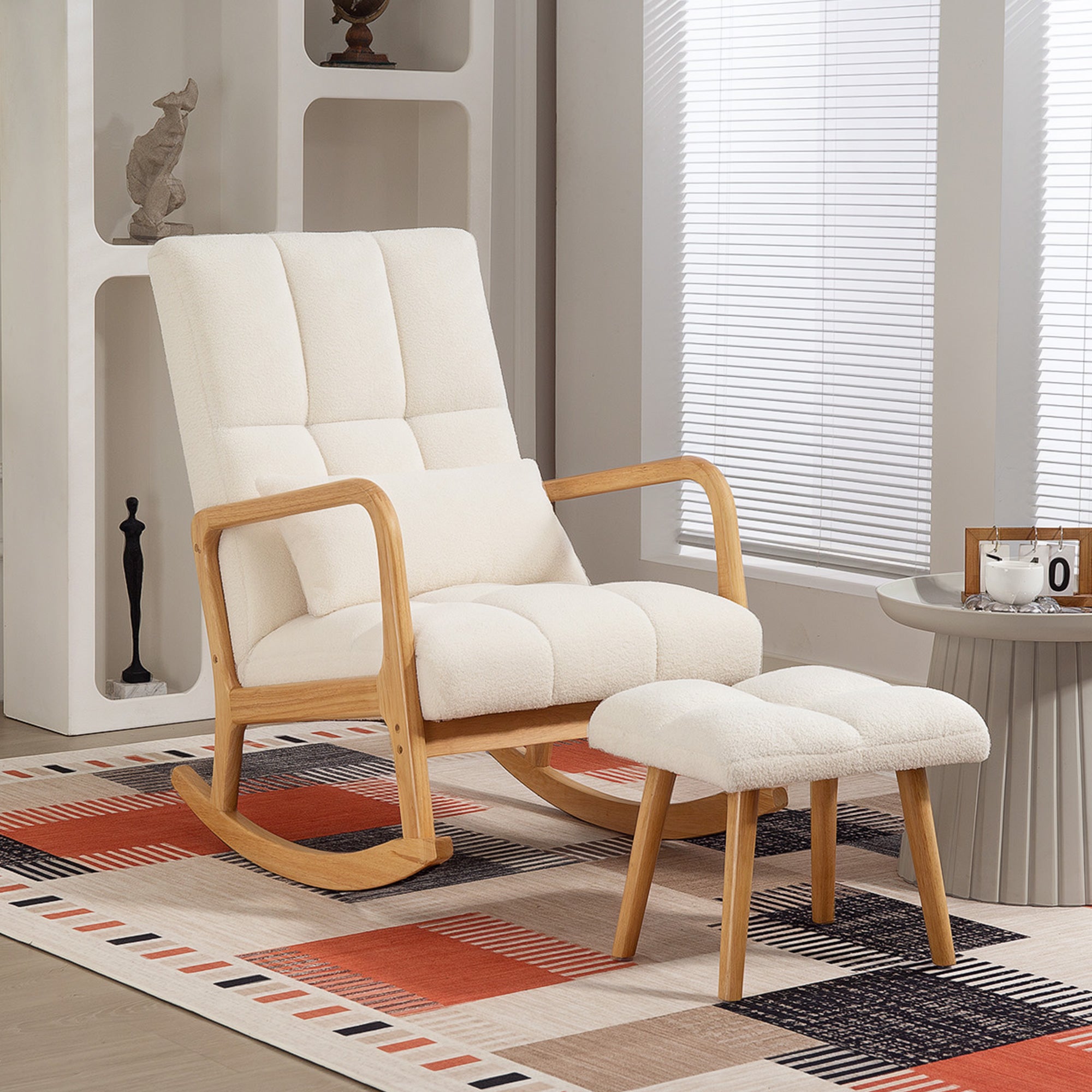Fauteuil à bascule avec repose-pieds, rocking chair, fauteuil allaitement en tissu bouclette, assise large, pieds en bois, coussin inclus, chaise à bascule pour salon, chambre, balcon, blanc