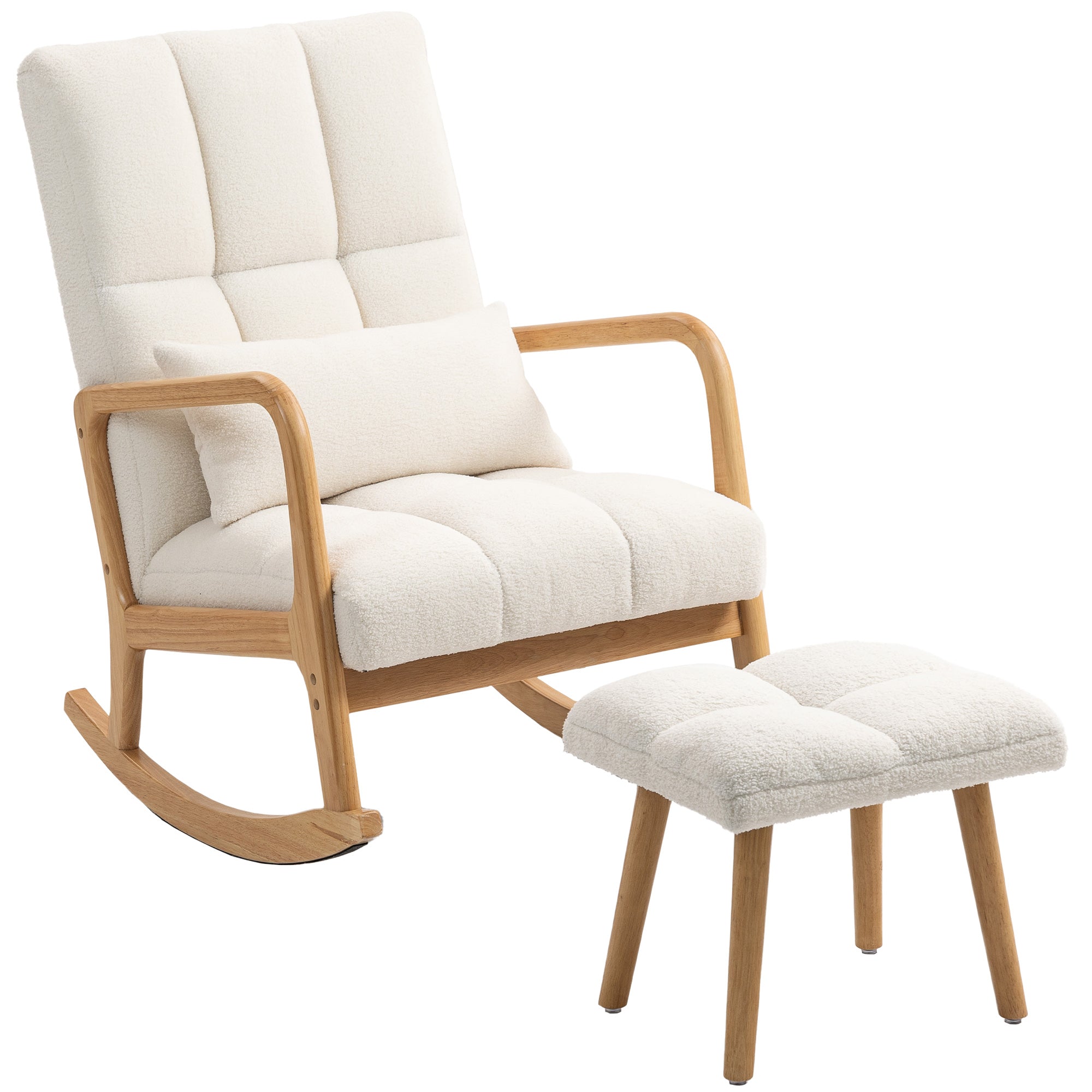 Fauteuil à bascule avec repose-pieds, rocking chair, fauteuil allaitement en tissu bouclette, assise large, pieds en bois, coussin inclus, chaise à bascule pour salon, chambre, balcon, blanc
