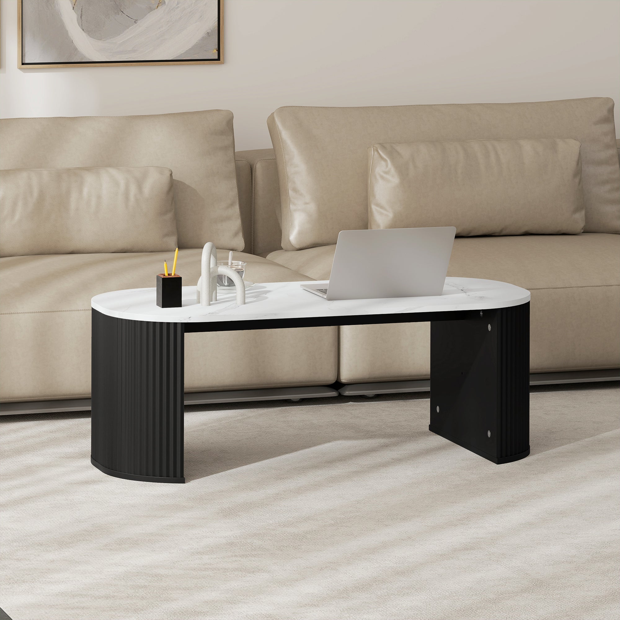 Table basse ovale, table d'appoint aspect effet marbre, avec coins arrondis et pieds épais, pour salon bureau chambre, 110 x 50 x 40 cm, noir