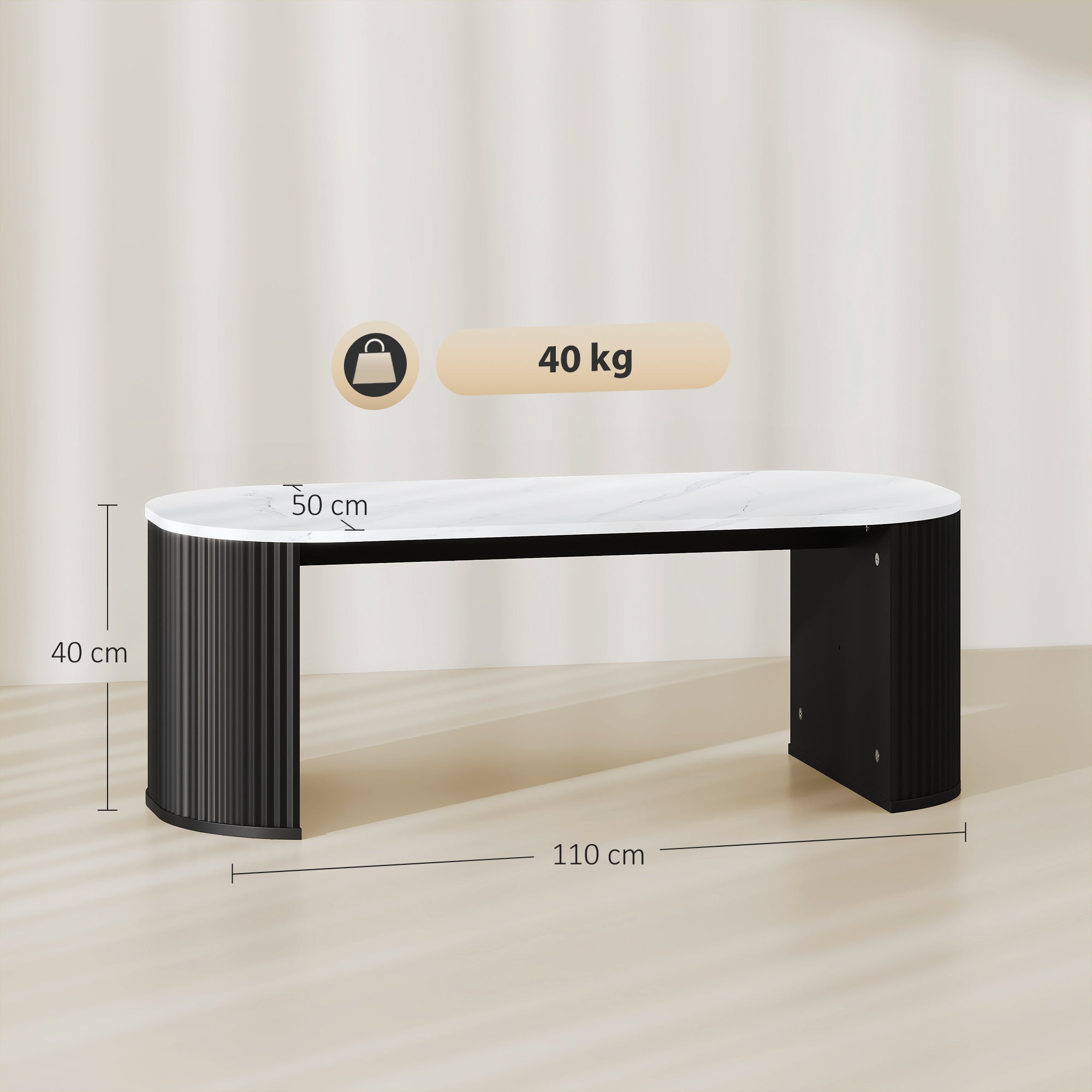 Table basse ovale, table d'appoint aspect effet marbre, avec coins arrondis et pieds épais, pour salon bureau chambre, 110 x 50 x 40 cm, noir