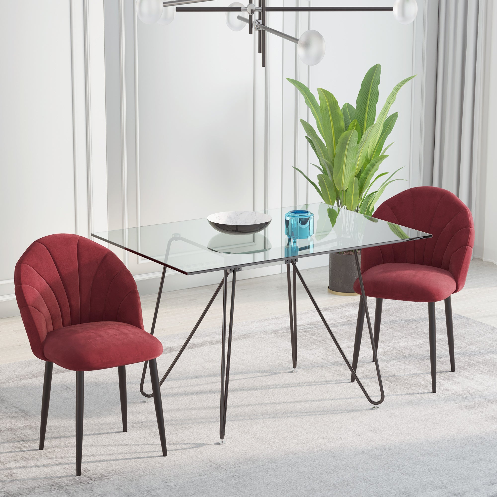 Lot de 2 chaises de salle à manger chaise de cuisine Velours Bordeaux Pieds métal Noir dim. 52L x 54l x 79H cm
