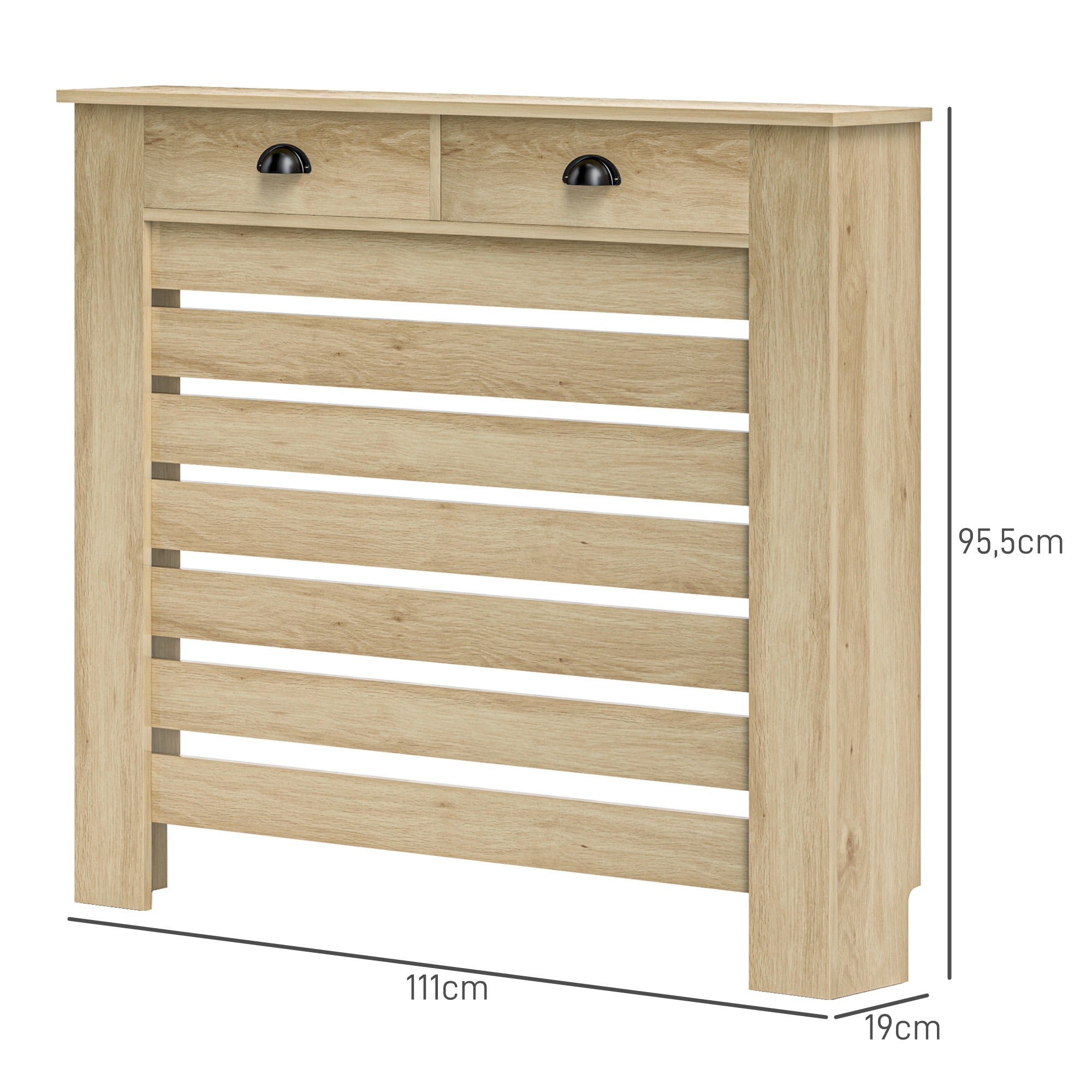 Couvercle de radiateur, cache radiateur, grille à lattes horizontales, avec 2 tiroirs, pour salon, chambre à coucher, couloir, en bois, 111 x 19 x 95,5 cm, chêne