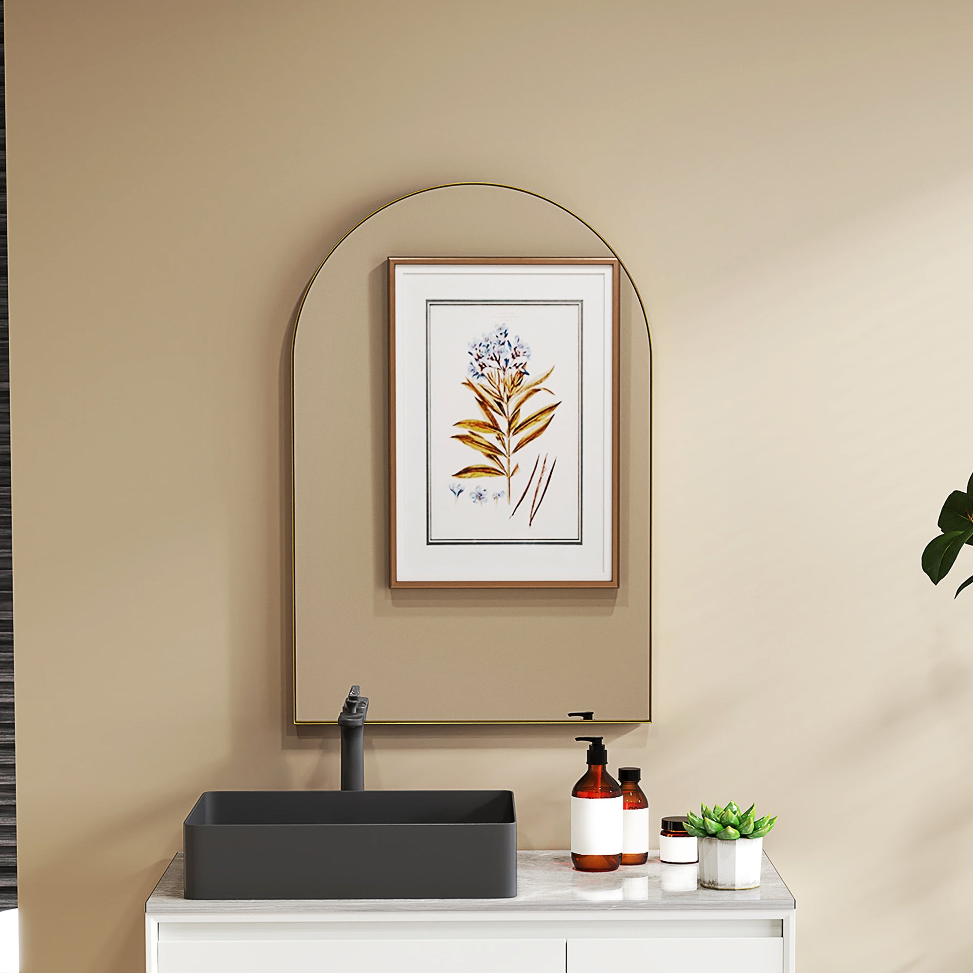 Miroir mural arqué, miroir de salle de bain, 60 x 90 cm, haute définition, avec cadre en alliage d'aluminium, pour chambre, salon, entrée, or