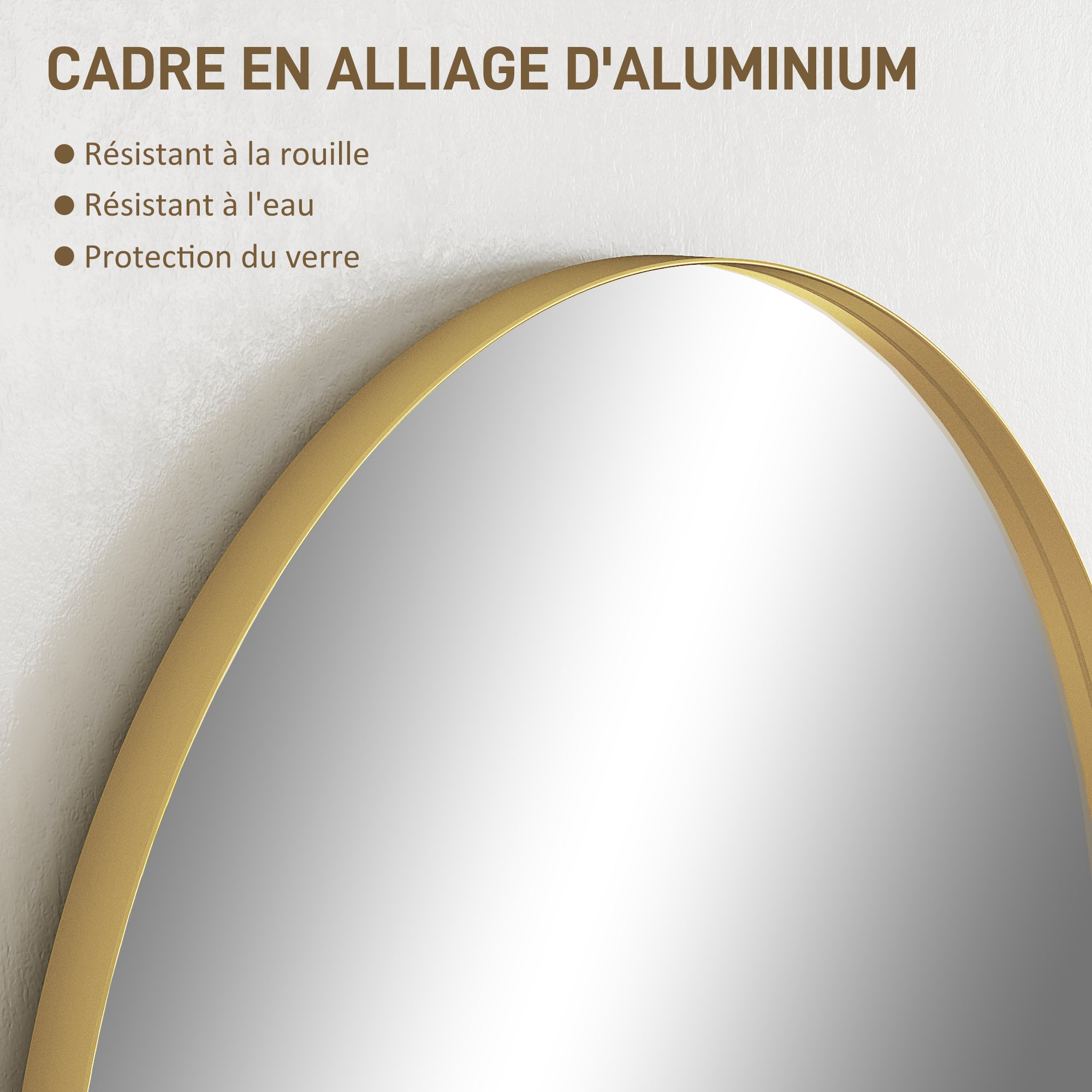 Miroir mural arqué, miroir de salle de bain, 60 x 90 cm, haute définition, avec cadre en alliage d'aluminium, pour chambre, salon, entrée, or