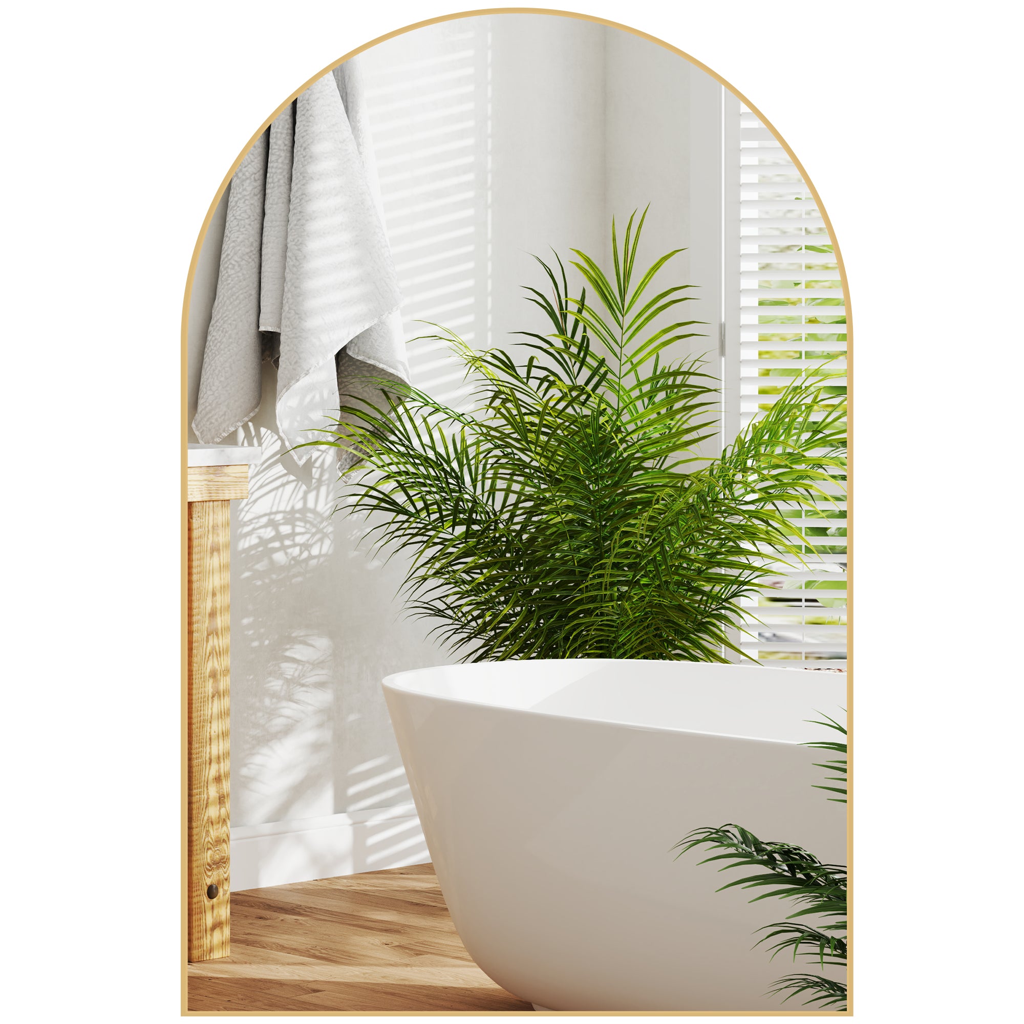 Miroir mural arqué, miroir de salle de bain, 60 x 90 cm, haute définition, avec cadre en alliage d'aluminium, pour chambre, salon, entrée, or