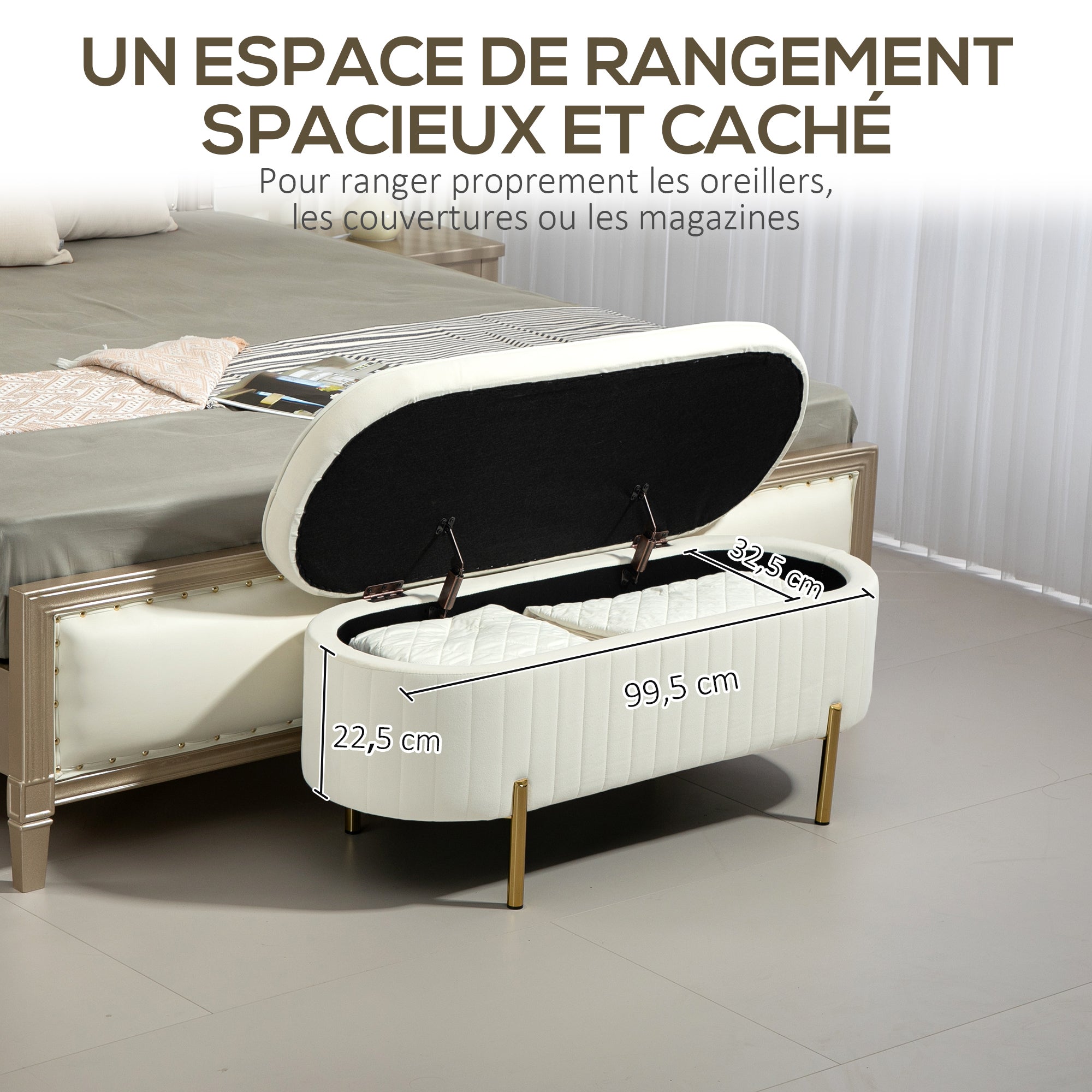 Banc de rangement, bout de lit en velours, coffre de rangement avec couvercle, pieds en métal, capacité 72 L, jusqu'à 220 kg, banquette pour salon, chambre, entrée, 108x44x43,5cm, crème
