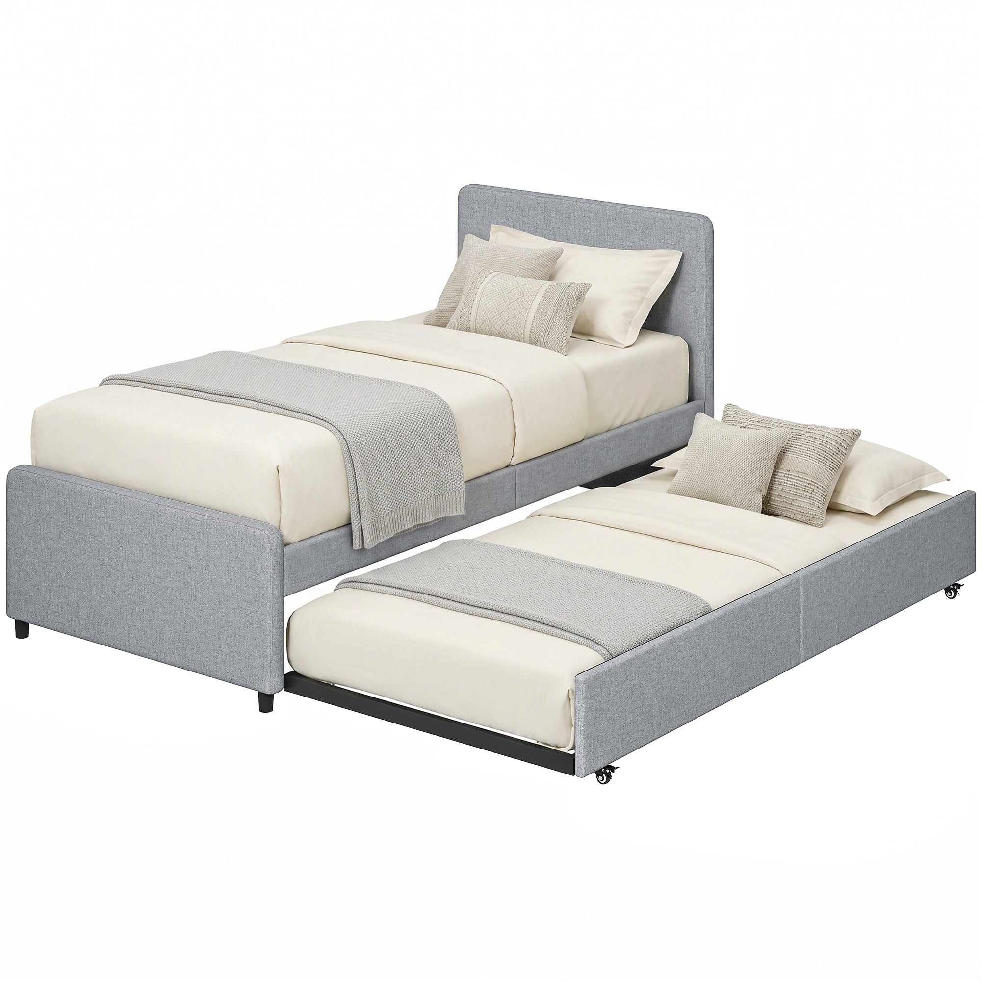 Lit gigogne 90 x 190 cm, cadre de lit simple/double avec sommier à lattes en métal, tête et pied rembourrés en tissu aspect lin, charge 400 Kg, montage facile, gris clair (sans matelas)