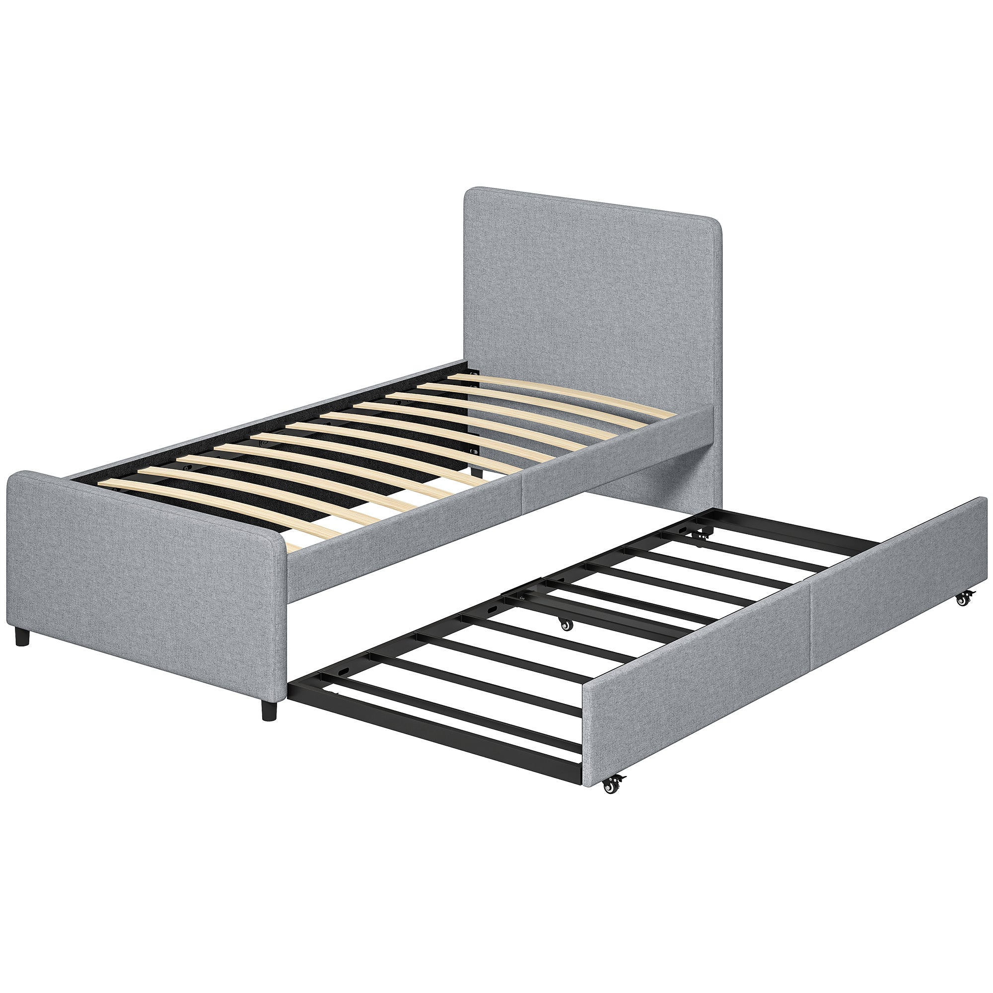 Lit gigogne 90 x 190 cm, cadre de lit simple/double avec sommier à lattes en métal, tête et pied rembourrés en tissu aspect lin, charge 400 Kg, montage facile, gris clair (sans matelas)