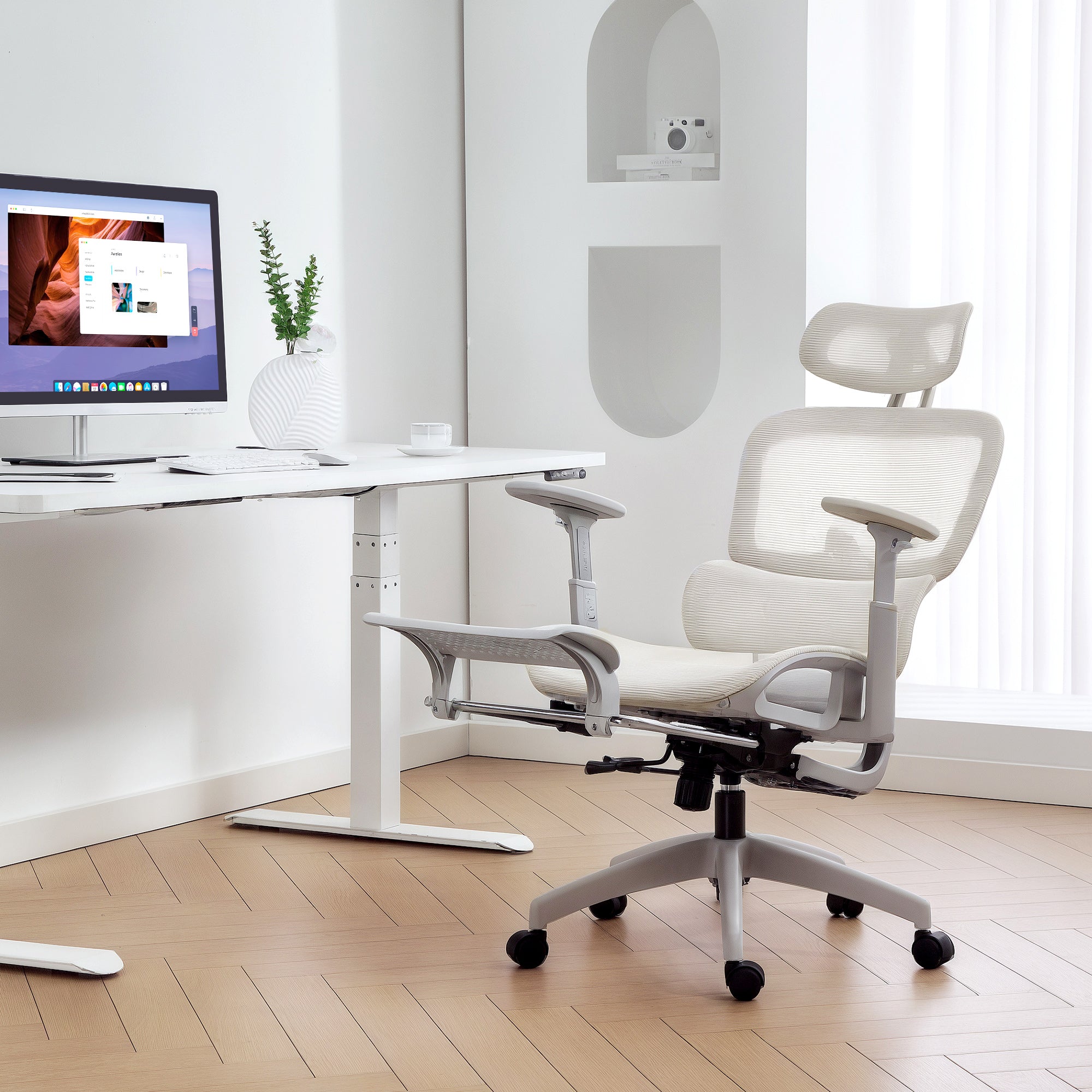 Chaise de Bureau Ergonomique en Maille, Fauteuil de Bureau Inclinable, Accoudoirs 3D, Appui-Tête Réglable, Dossier Haut, Soutien Lombaire, Repose-Pieds, Travail Pivotante pour Ordinateur, Beige