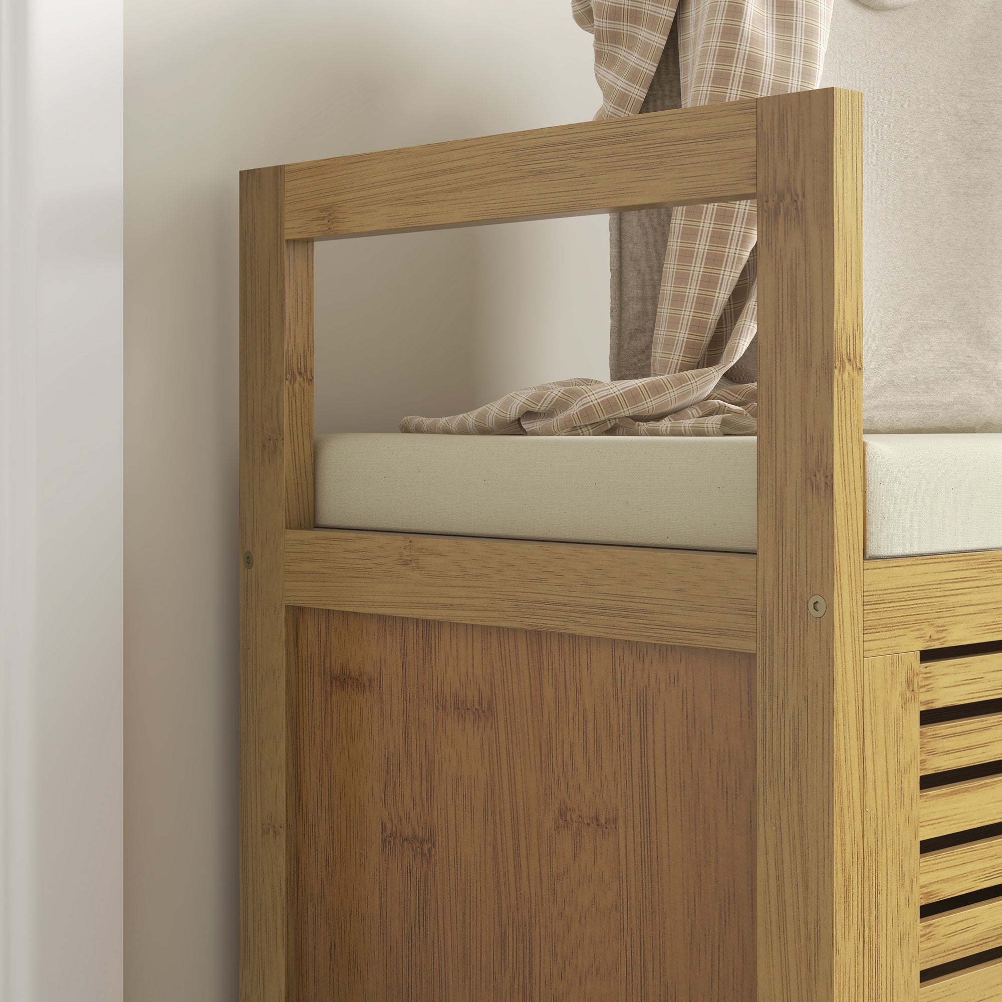 Banc de rangement Banc à Chaussures avec coussin d'assise, coffre de rangement caché sous l'assise, avec accoudoir, bambou, pour salon, entrée, chambre, 100 x 40 x 60 cm, naturel
