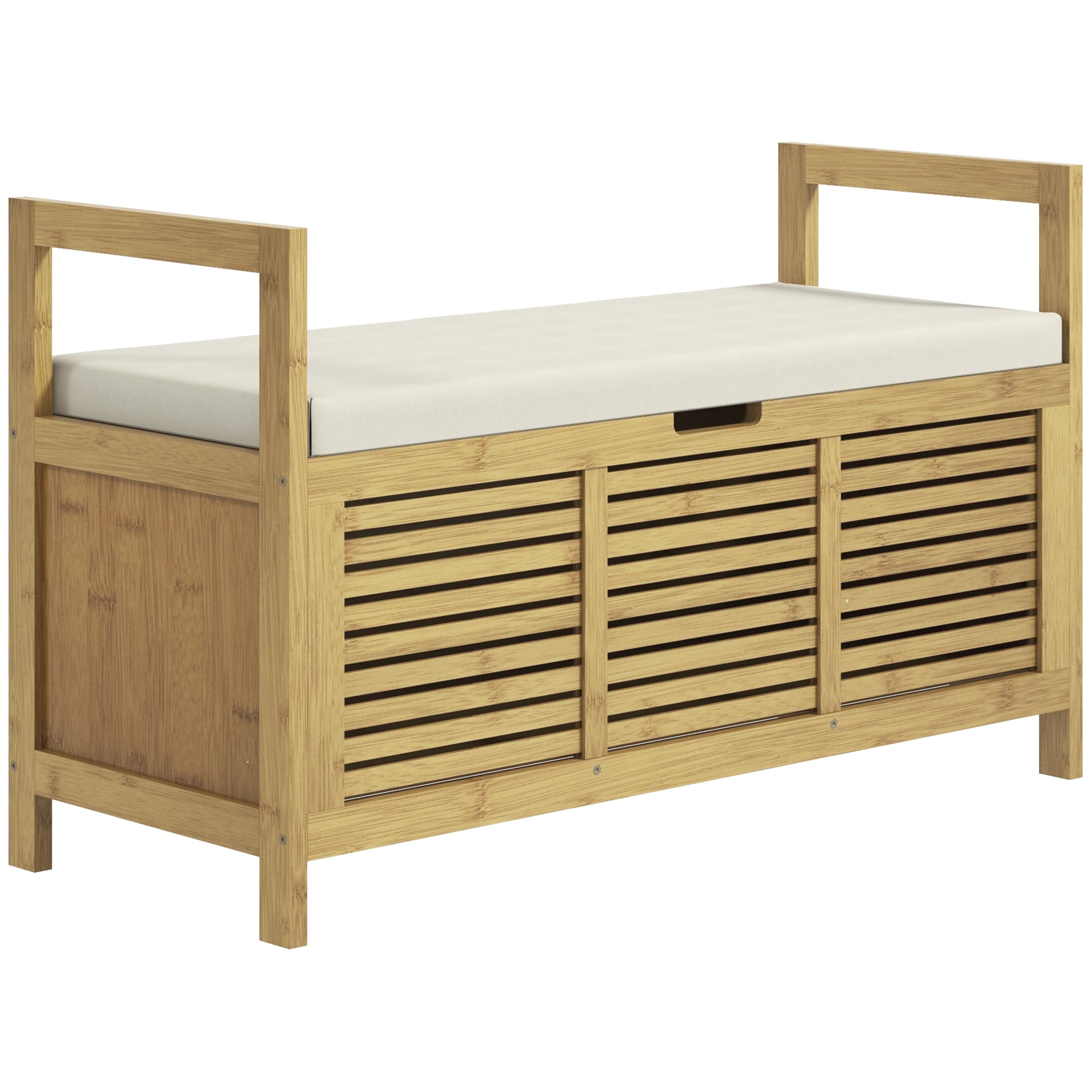 Banc de rangement Banc à Chaussures avec coussin d'assise, coffre de rangement caché sous l'assise, avec accoudoir, bambou, pour salon, entrée, chambre, 100 x 40 x 60 cm, naturel