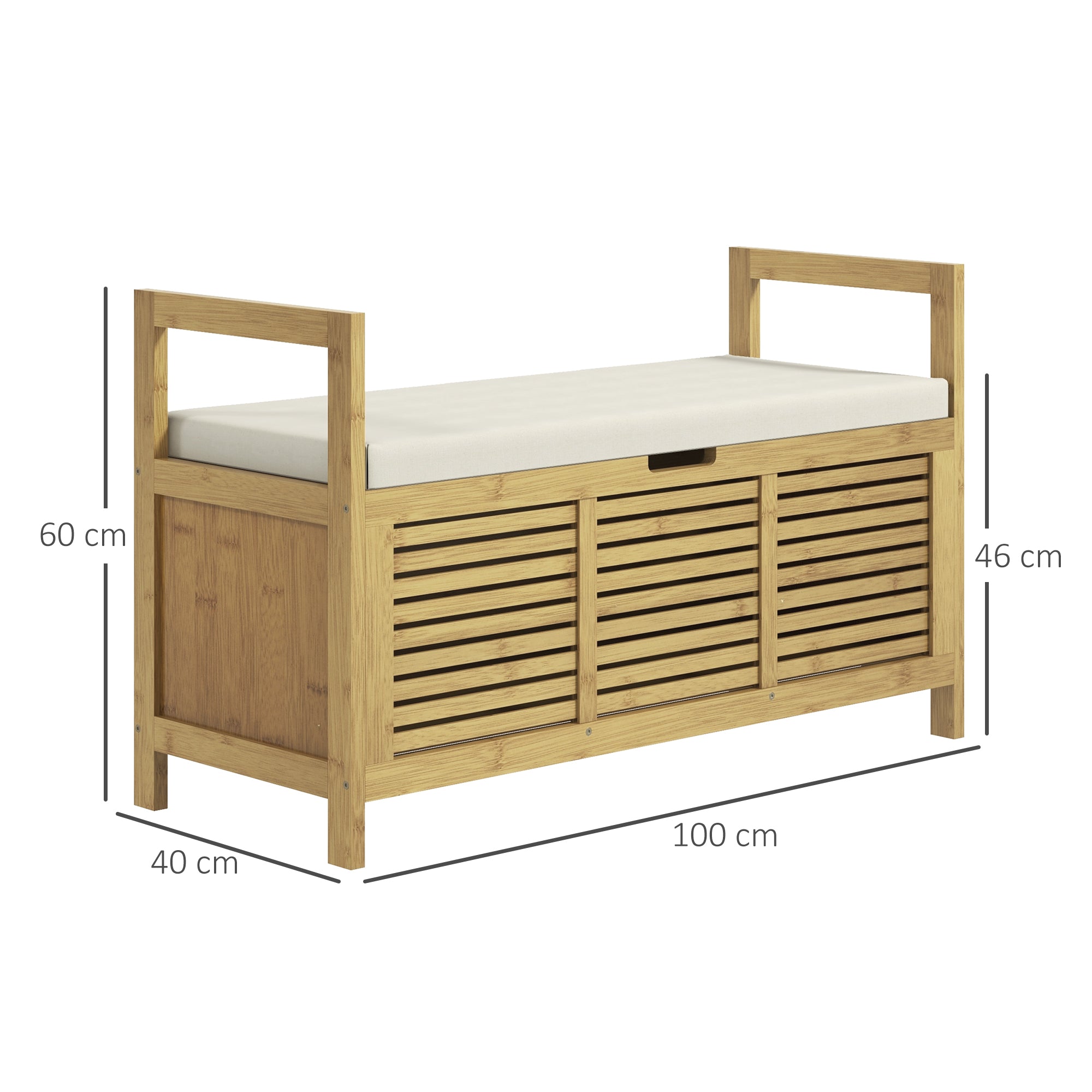 Banc de rangement Banc à Chaussures avec coussin d'assise, coffre de rangement caché sous l'assise, avec accoudoir, bambou, pour salon, entrée, chambre, 100 x 40 x 60 cm, naturel