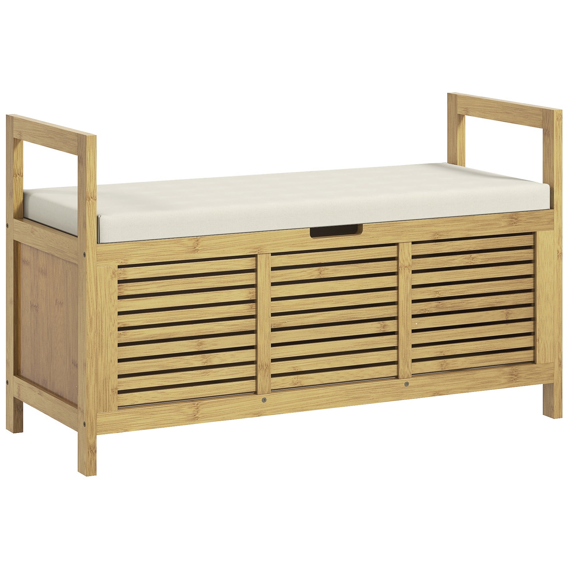 Banc de rangement Banc à Chaussures avec coussin d'assise, coffre de rangement caché sous l'assise, avec accoudoir, bambou, pour salon, entrée, chambre, 100 x 40 x 60 cm, naturel