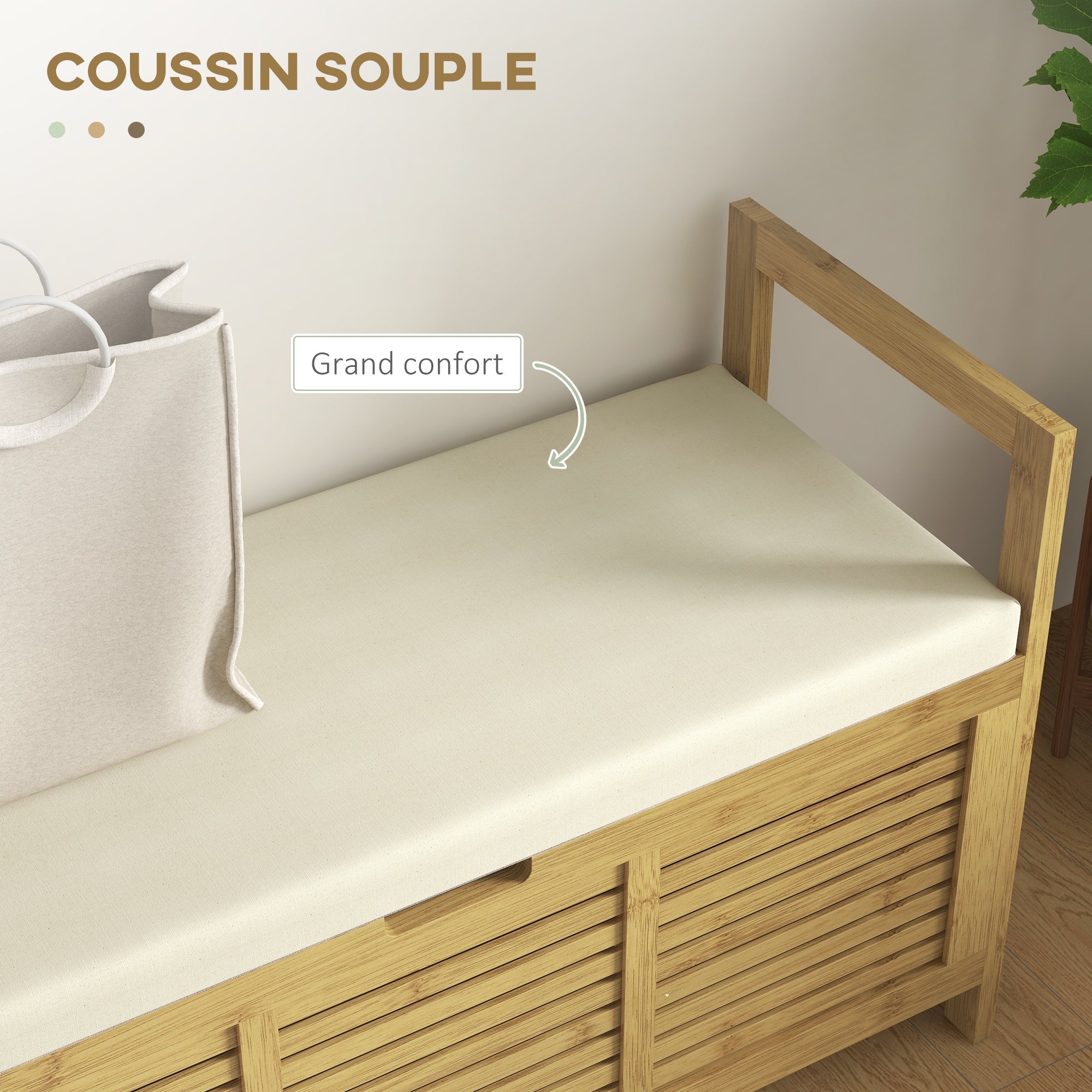 Banc de rangement Banc à Chaussures avec coussin d'assise, coffre de rangement caché sous l'assise, avec accoudoir, bambou, pour salon, entrée, chambre, 100 x 40 x 60 cm, naturel