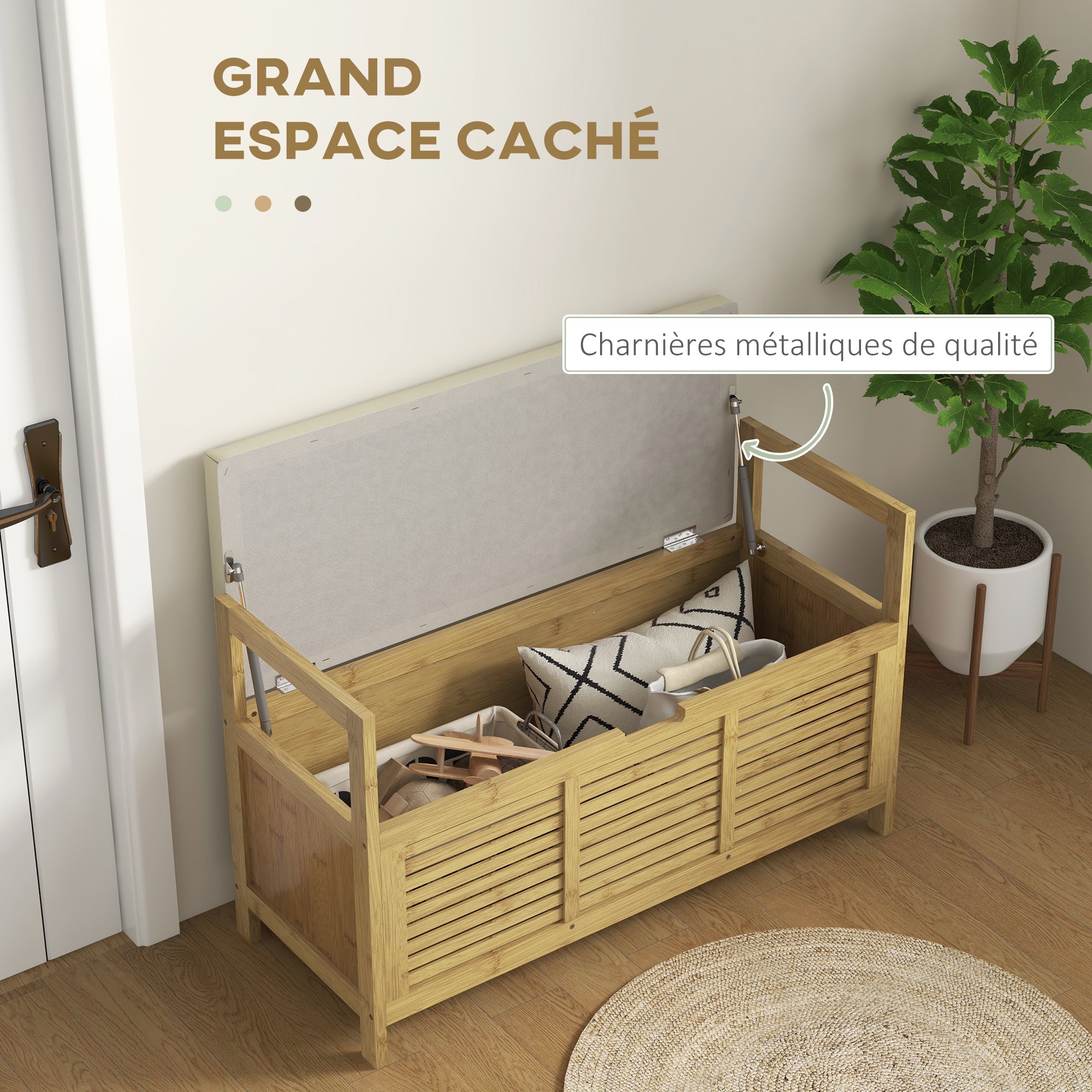 Banc de rangement Banc à Chaussures avec coussin d'assise, coffre de rangement caché sous l'assise, avec accoudoir, bambou, pour salon, entrée, chambre, 100 x 40 x 60 cm, naturel