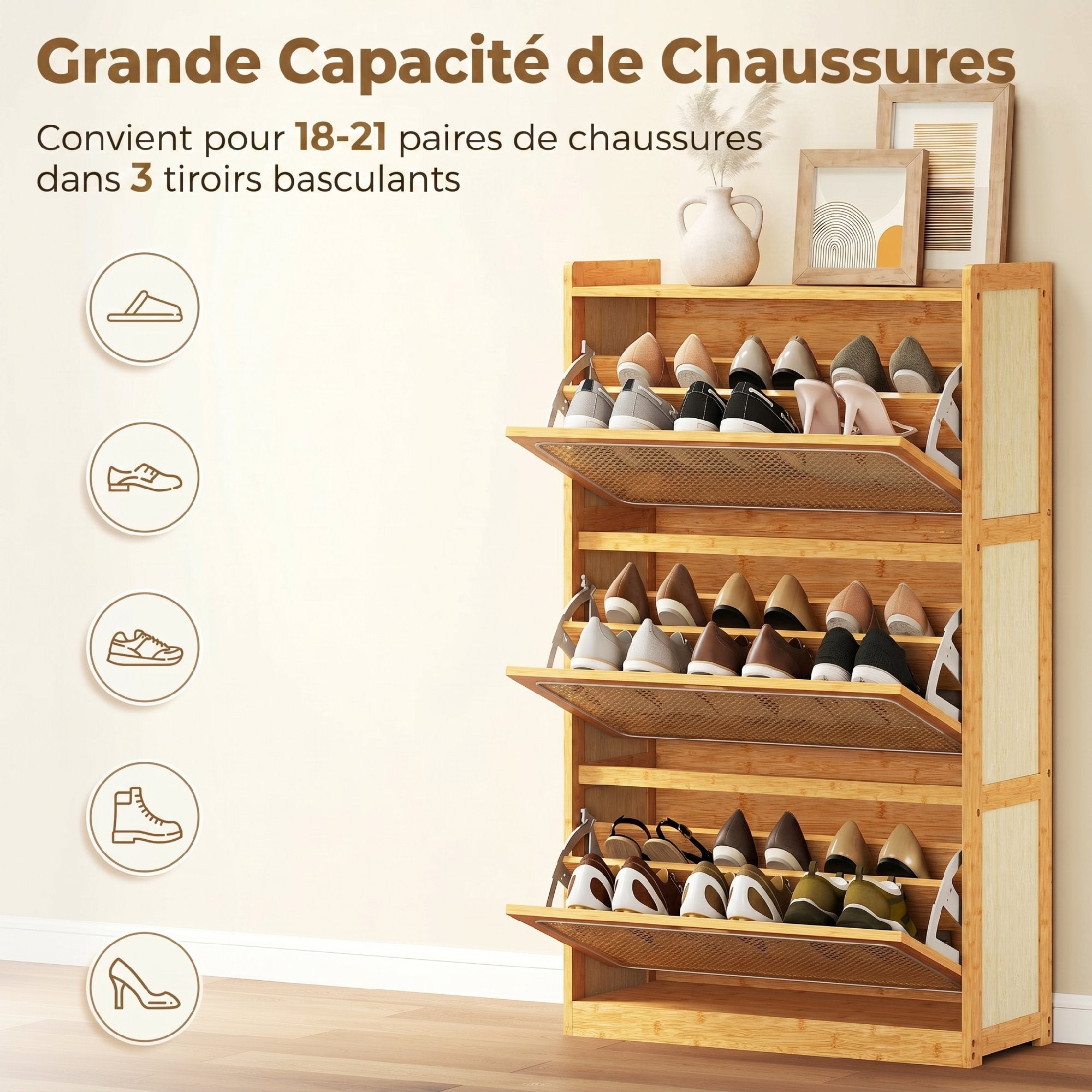 Meuble à chaussures 21 paires en bambou, armoire à chaussures étroite avec 3 tiroirs rabattables et étagères réglables, style bohème, pour couloir, entrée, 69 x 29 x 119,8 cm, bois naturel