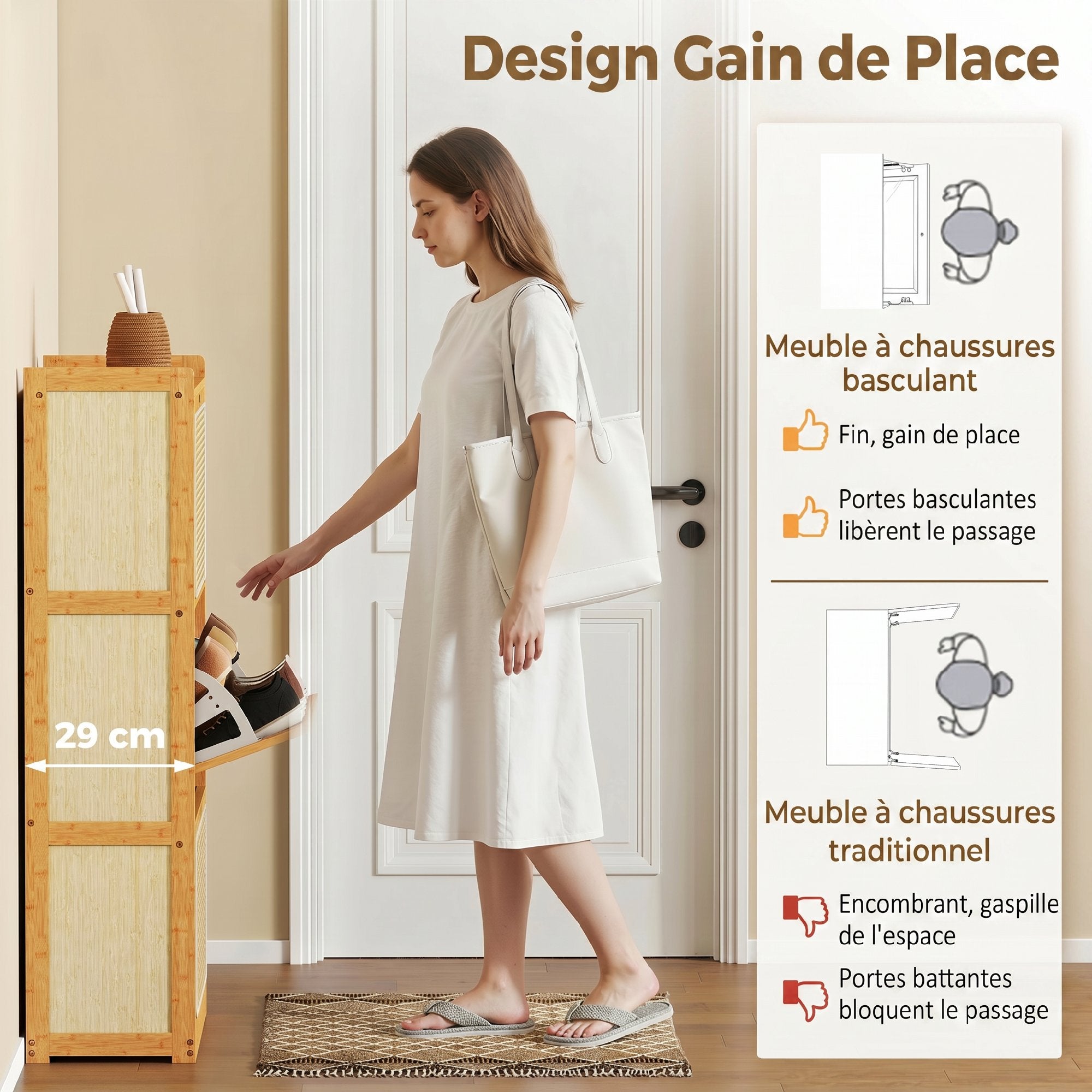 Meuble à chaussures 21 paires en bambou, armoire à chaussures étroite avec 3 tiroirs rabattables et étagères réglables, style bohème, pour couloir, entrée, 69 x 29 x 119,8 cm, bois naturel