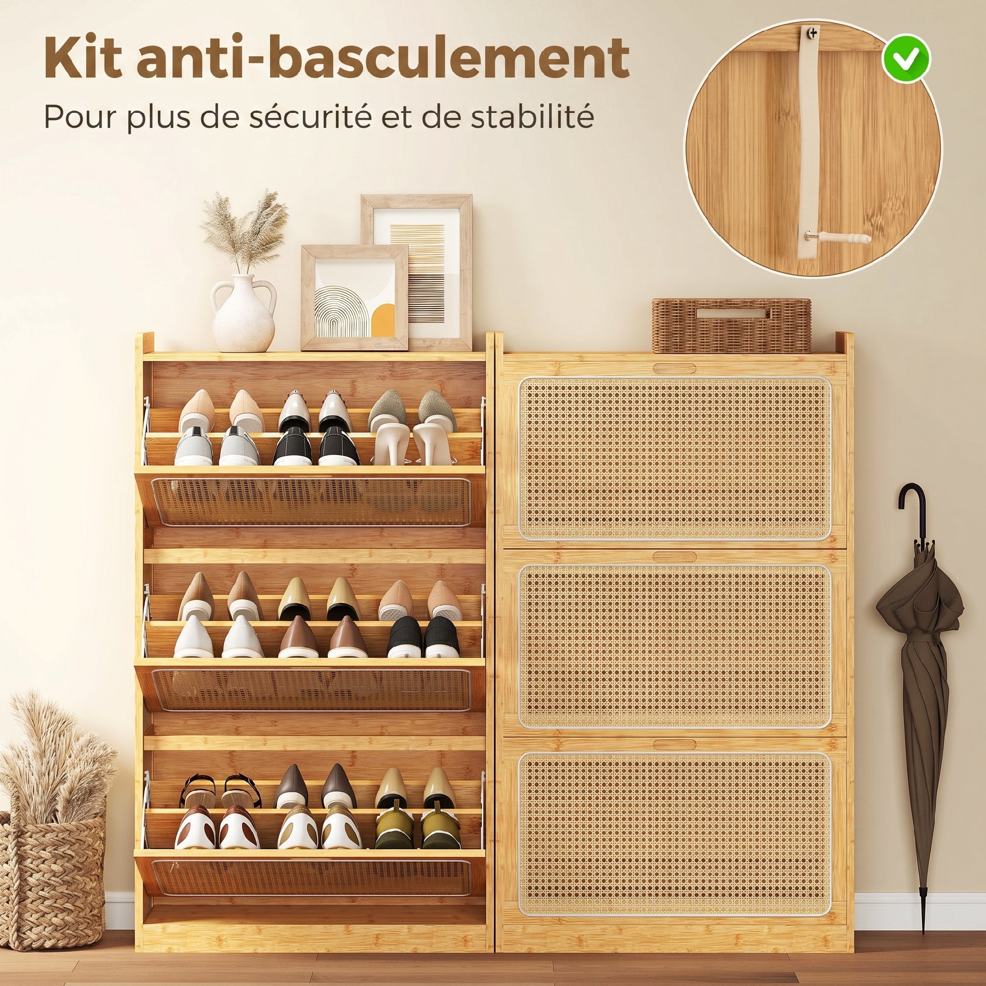 Meuble à chaussures 21 paires en bambou, armoire à chaussures étroite avec 3 tiroirs rabattables et étagères réglables, style bohème, pour couloir, entrée, 69 x 29 x 119,8 cm, bois naturel