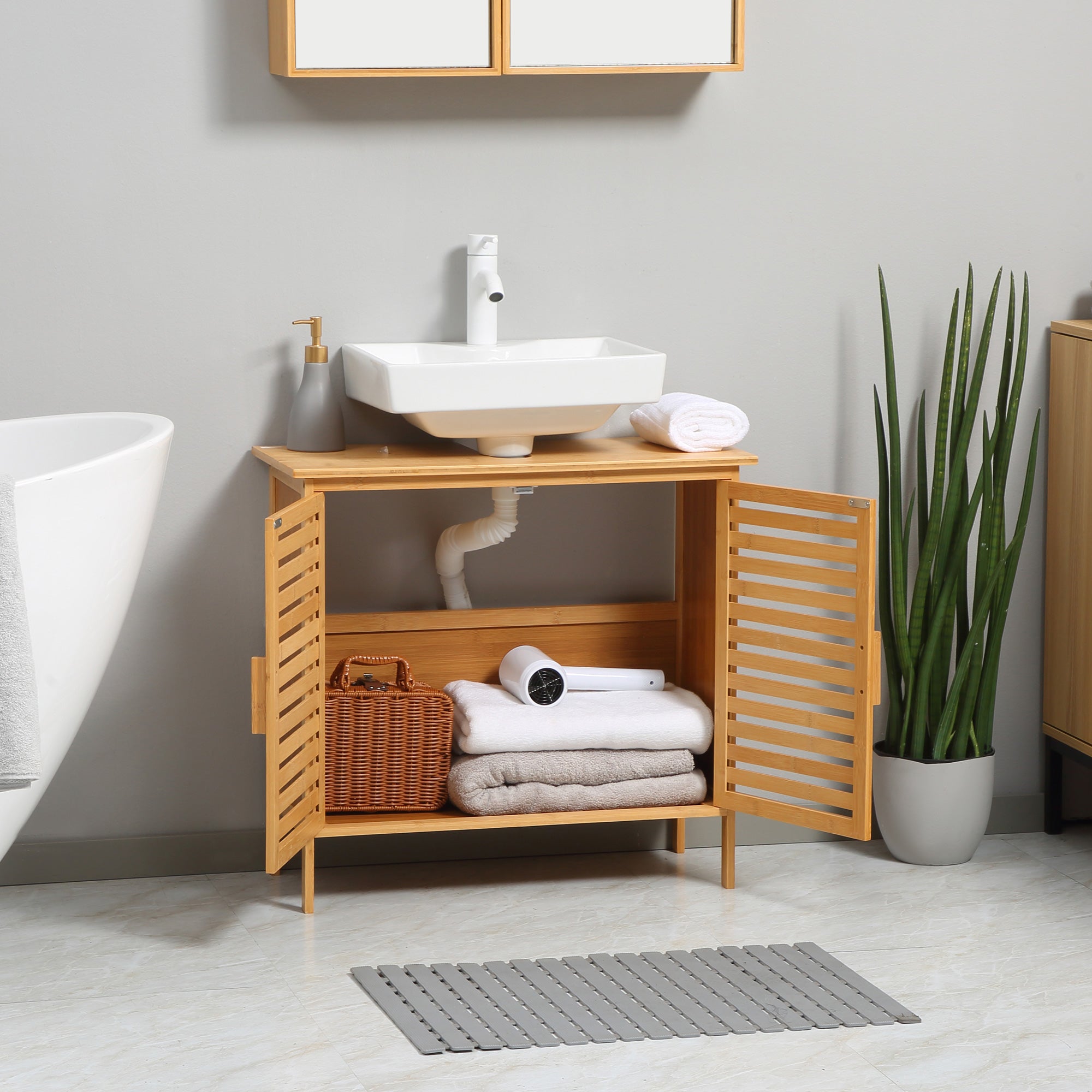 Meuble sous lavabo salle de bain en bambou meuble sous vasque meuble de salle de bain sous lavabo 2 portes - 66 x 29 x 61,5 cm