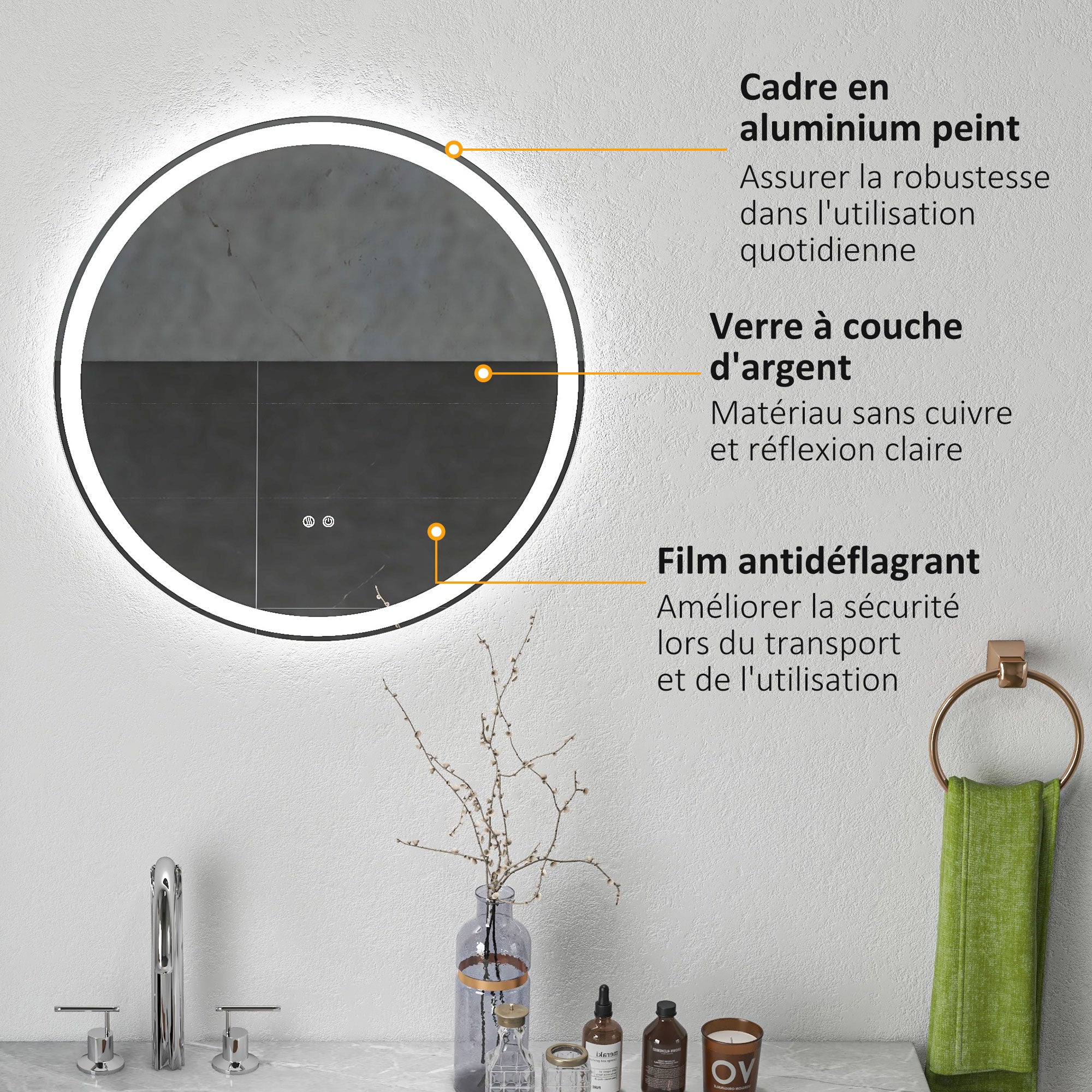 Miroir salle de bain avec éclairage Ø 60 cm miroir rond lumineux 3 couleurs interrupteur tactile système antibuée 29W blanc argent
