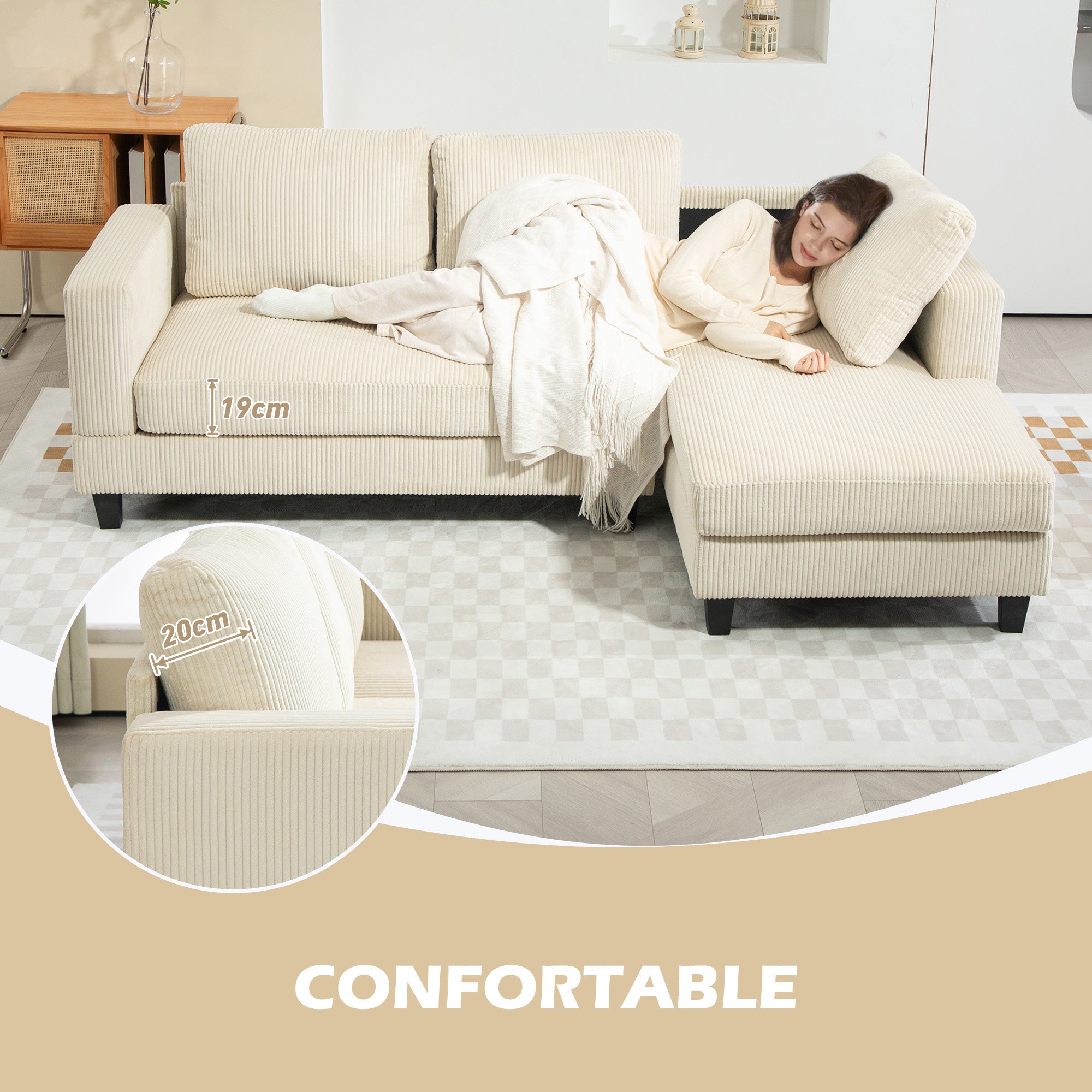 Canapé d'angle en velours côtelé canapé 3 places avec méridienne et coussin à ressorts épais, largeur 214 cm, design moderne, charge jusqu'à 400 Kg, pour salon, appartement, beige