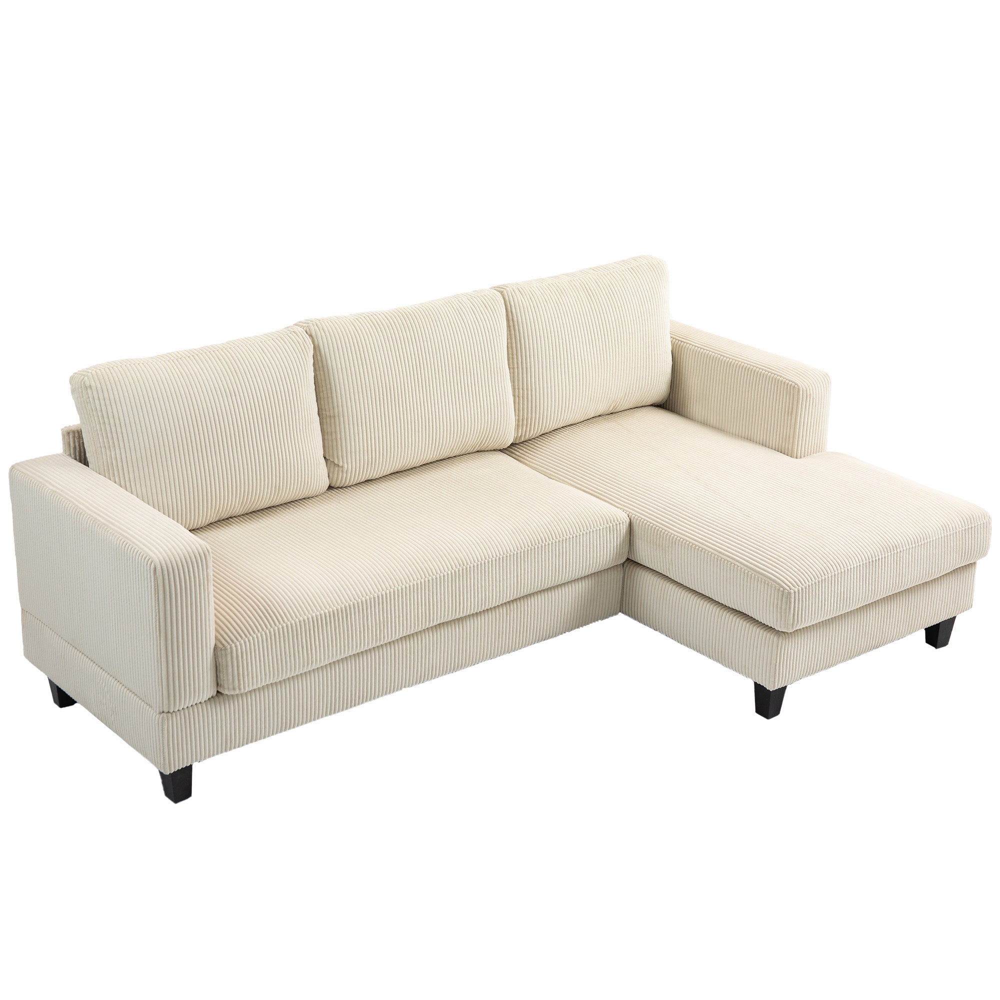 Canapé d'angle en velours côtelé canapé 3 places avec méridienne et coussin à ressorts épais, largeur 214 cm, design moderne, charge jusqu'à 400 Kg, pour salon, appartement, beige