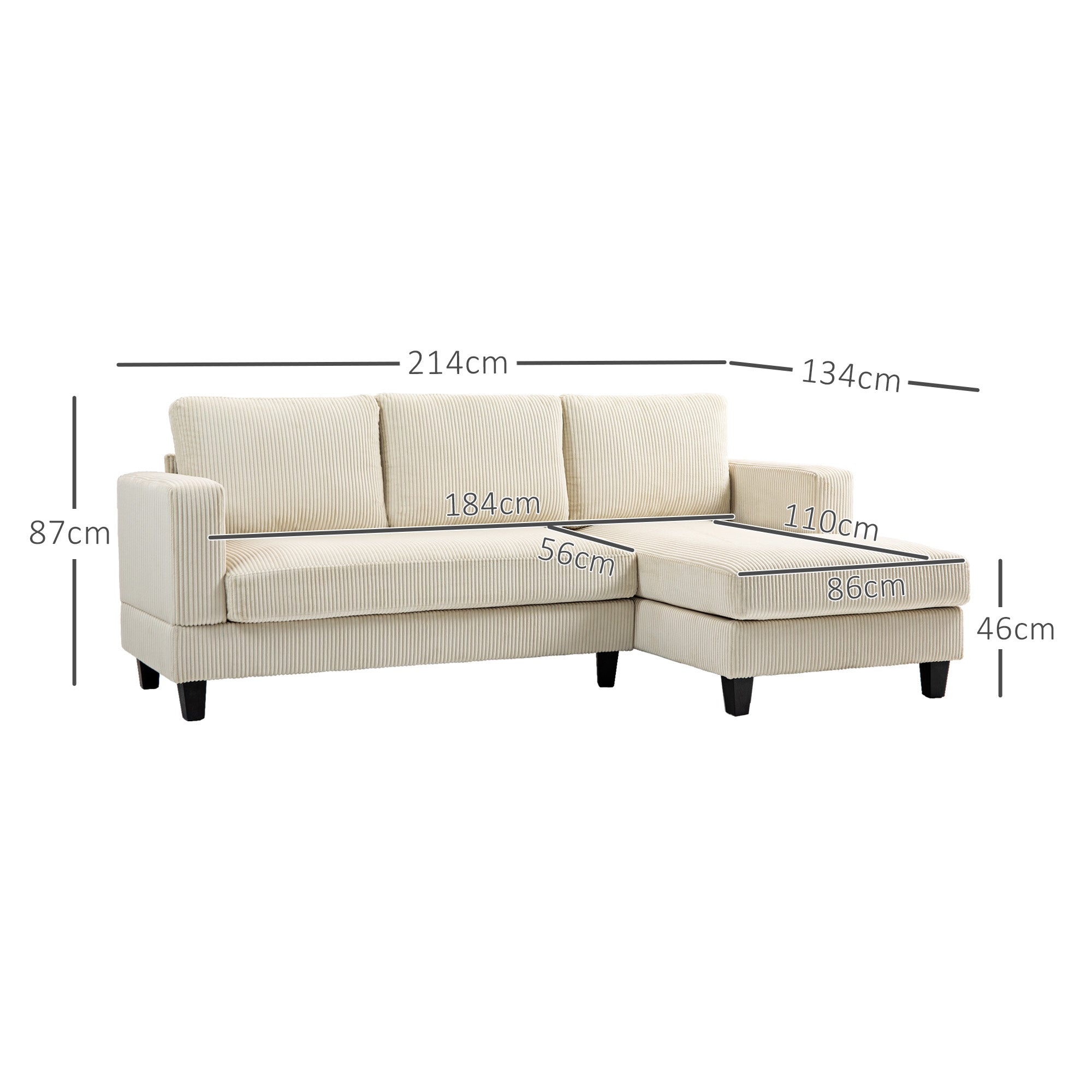 Canapé d'angle en velours côtelé canapé 3 places avec méridienne et coussin à ressorts épais, largeur 214 cm, design moderne, charge jusqu'à 400 Kg, pour salon, appartement, beige