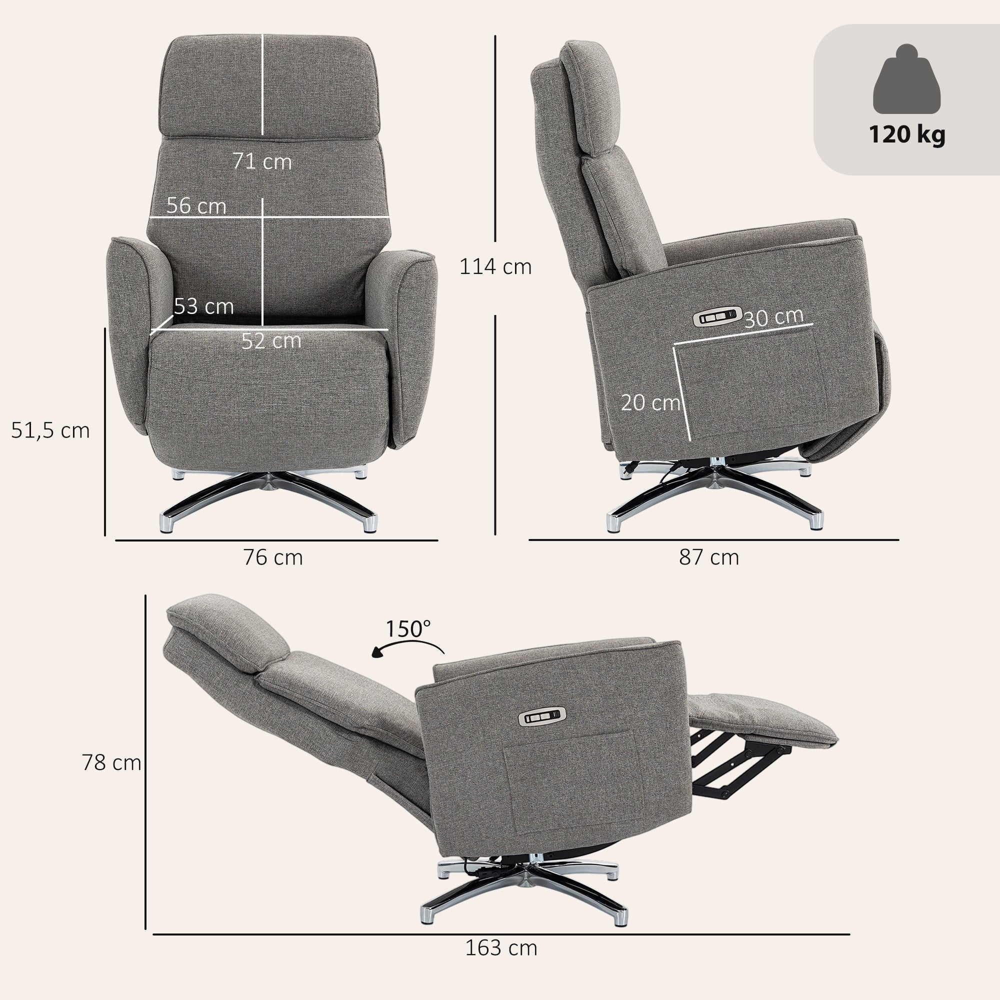 Fauteuil Relax Électrique Pivotant 360° avec Appui-Tête Réglable, Ports USB, Fauteuil Inclinable en Lin, 2 Moteurs, Repose-Pieds, Poches Latérales, Ressorts Ensachés, pour Chambre, Salon, Gris