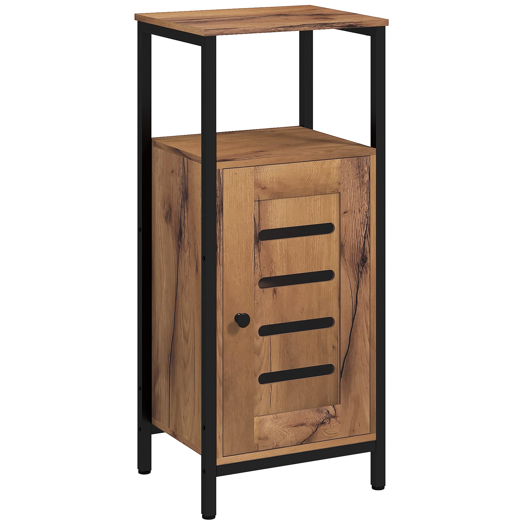 Meuble bas de salle de bain avec porte à lamelles, armoire de toilette avec structure en acier, meuble de rangement avec niche ouverte et étagère réglable, 37 x 30 x 85 cm, brun rustique