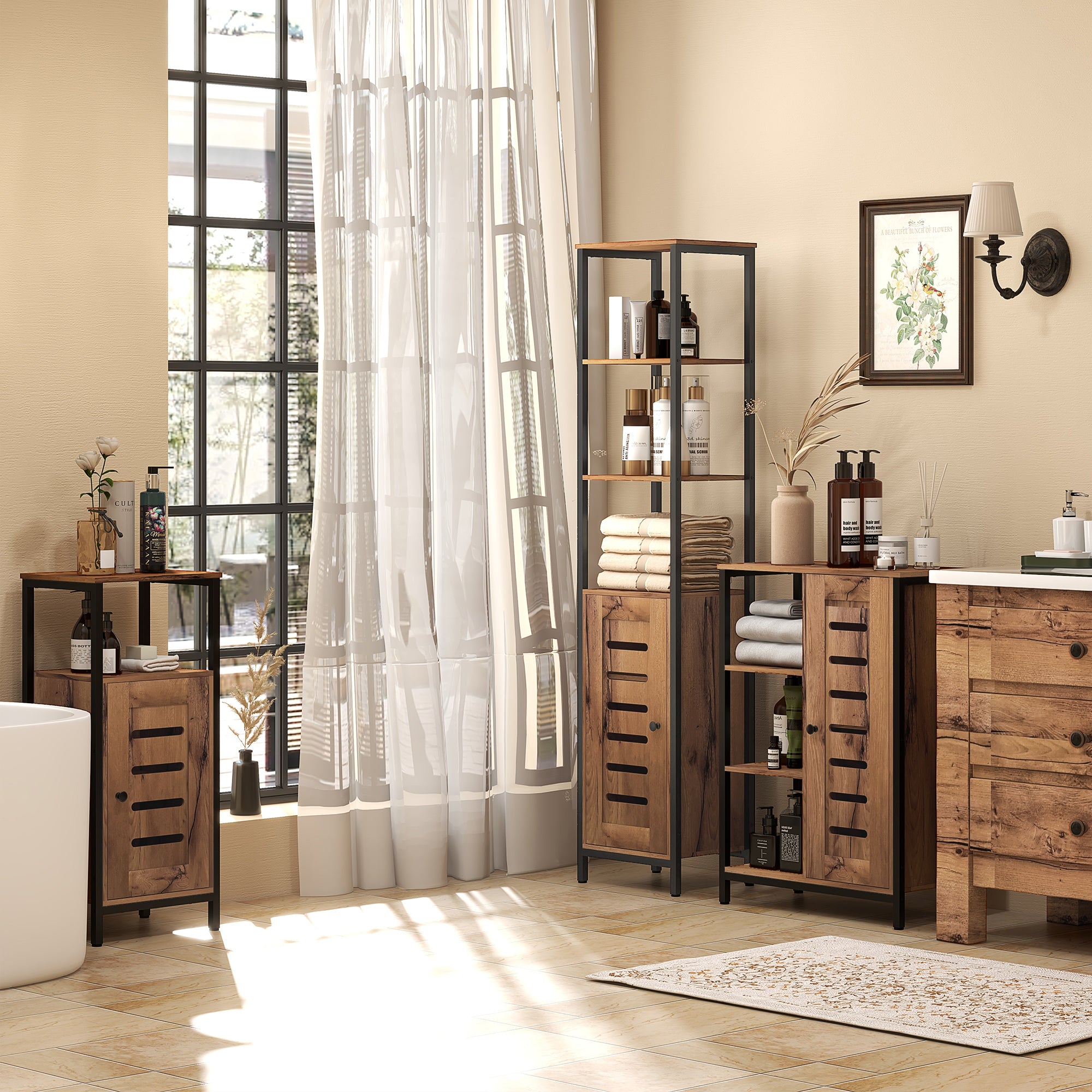 Meuble bas de salle de bain avec porte à lamelles, armoire de toilette avec structure en acier, meuble de rangement avec niche ouverte et étagère réglable, 37 x 30 x 85 cm, brun rustique