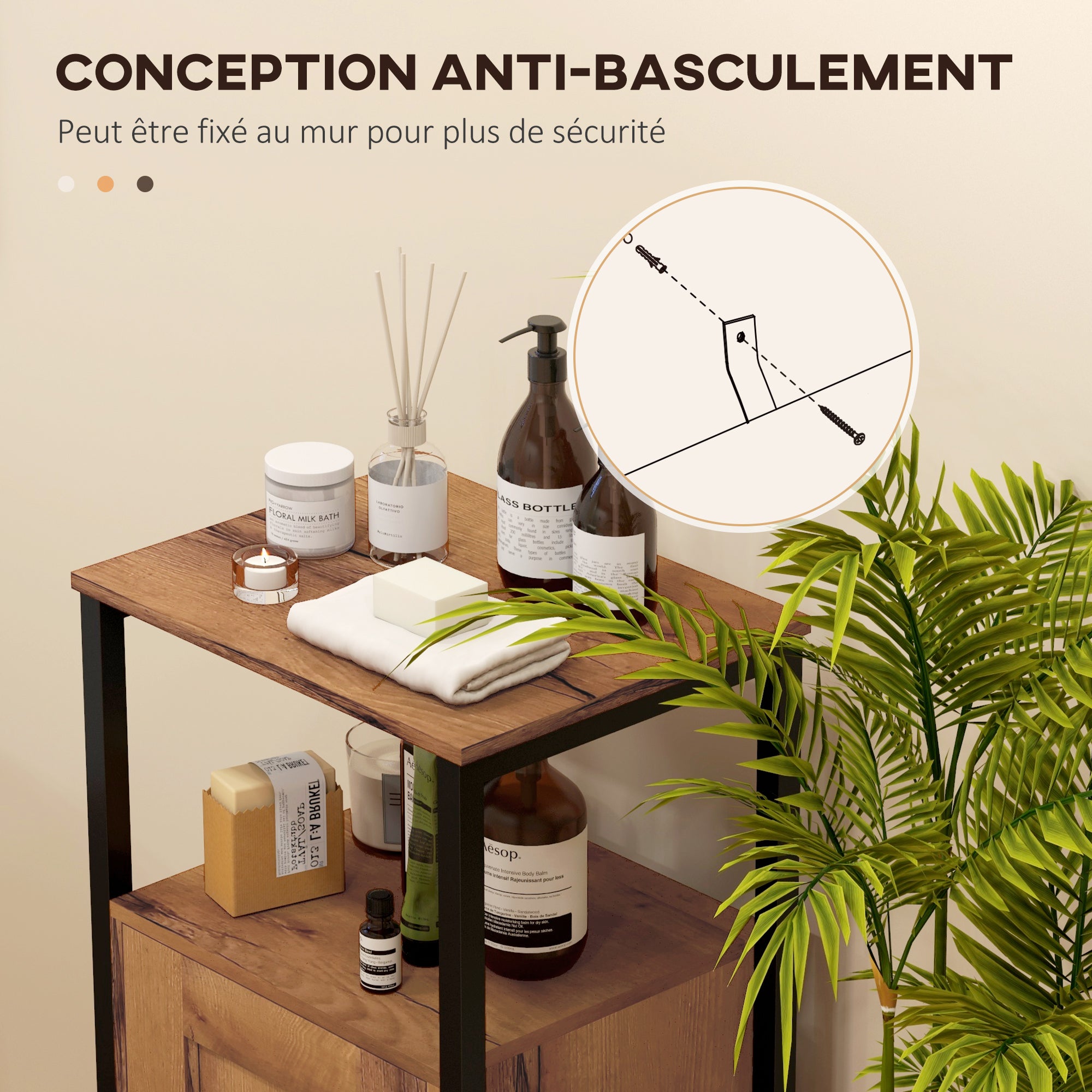 Meuble bas de salle de bain avec porte à lamelles, armoire de toilette avec structure en acier, meuble de rangement avec niche ouverte et étagère réglable, 37 x 30 x 85 cm, brun rustique