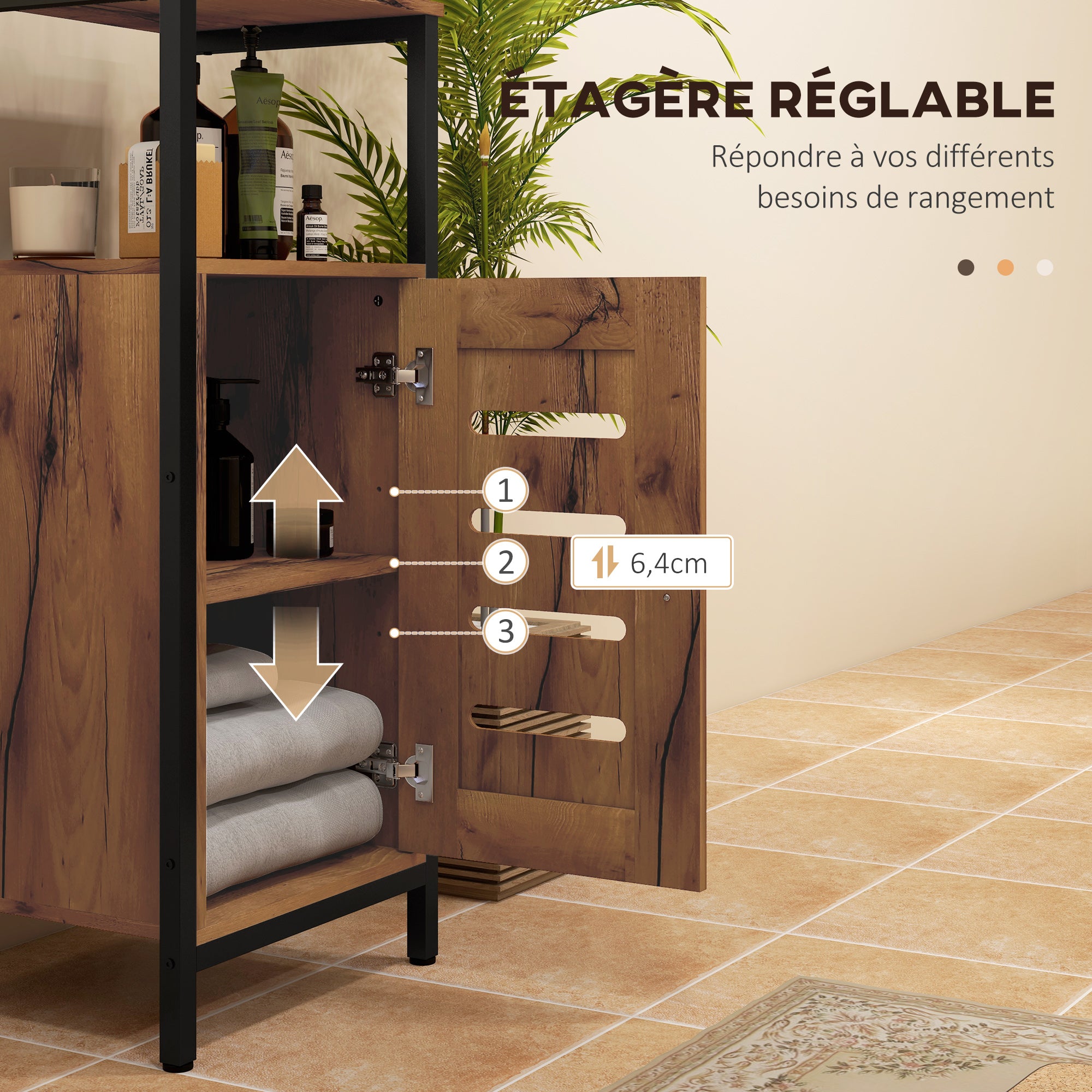 Meuble bas de salle de bain avec porte à lamelles, armoire de toilette avec structure en acier, meuble de rangement avec niche ouverte et étagère réglable, 37 x 30 x 85 cm, brun rustique