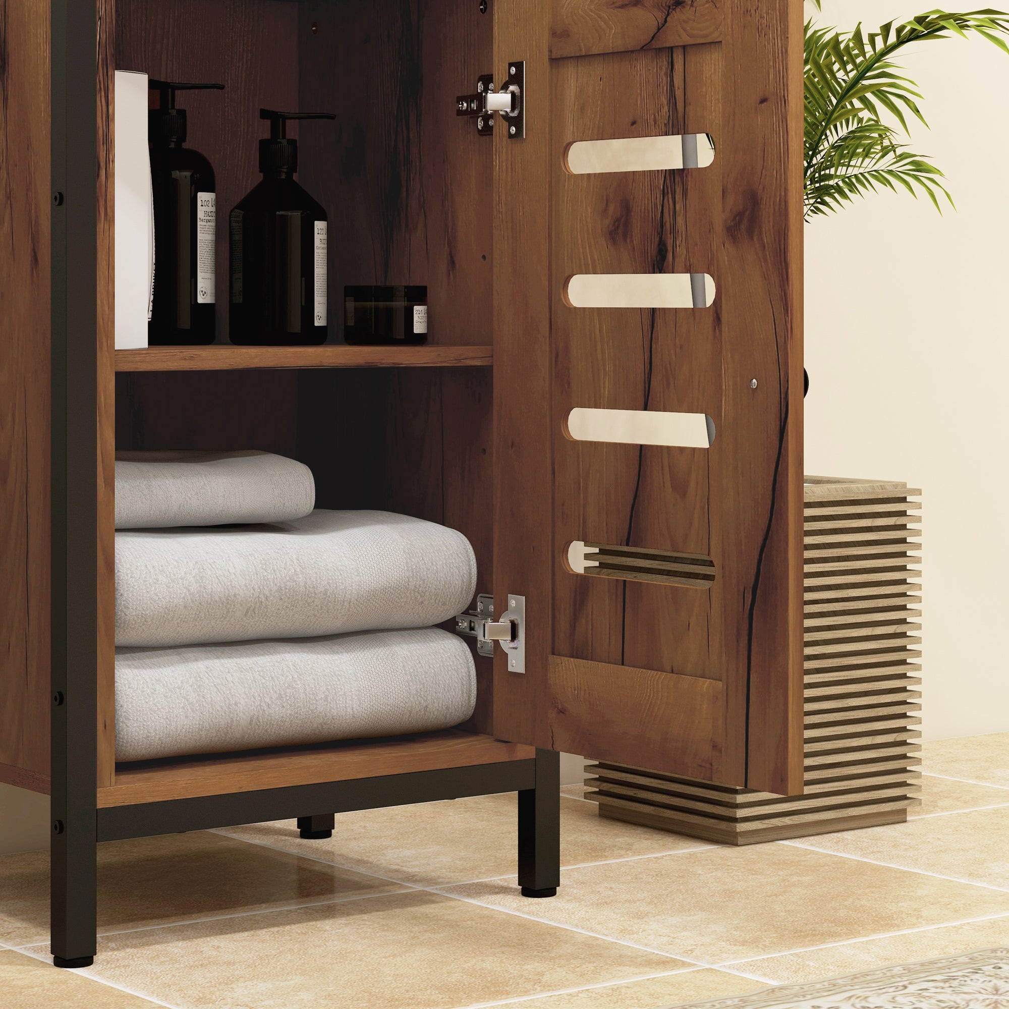 Meuble bas de salle de bain avec porte à lamelles, armoire de toilette avec structure en acier, meuble de rangement avec niche ouverte et étagère réglable, 37 x 30 x 85 cm, brun rustique