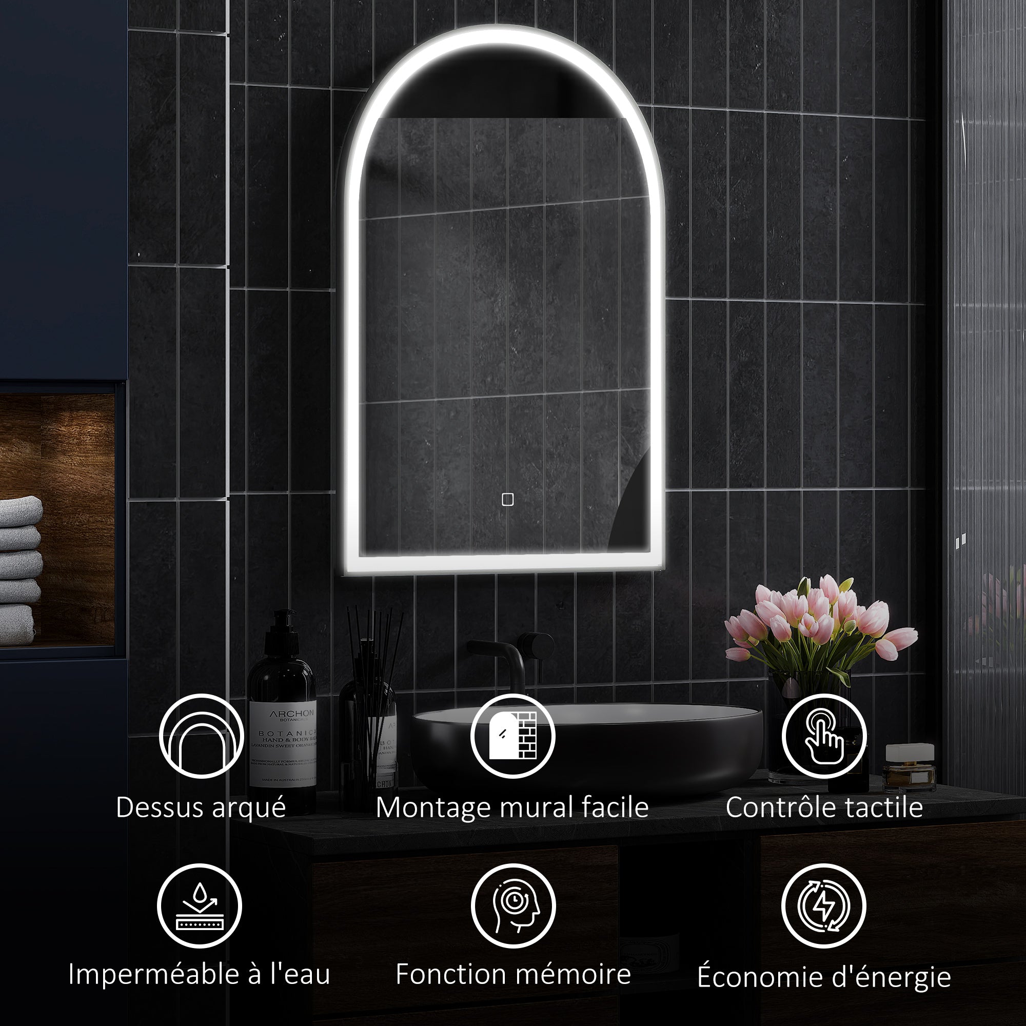 Miroir salle de bain 90 x 60 cm, miroir mural arqué, miroir salle de bain avec éclairage LED, lumière réglable 3 couleurs, anti-buée, mémoire, interrupteur tactile, cadre en aluminium - noir