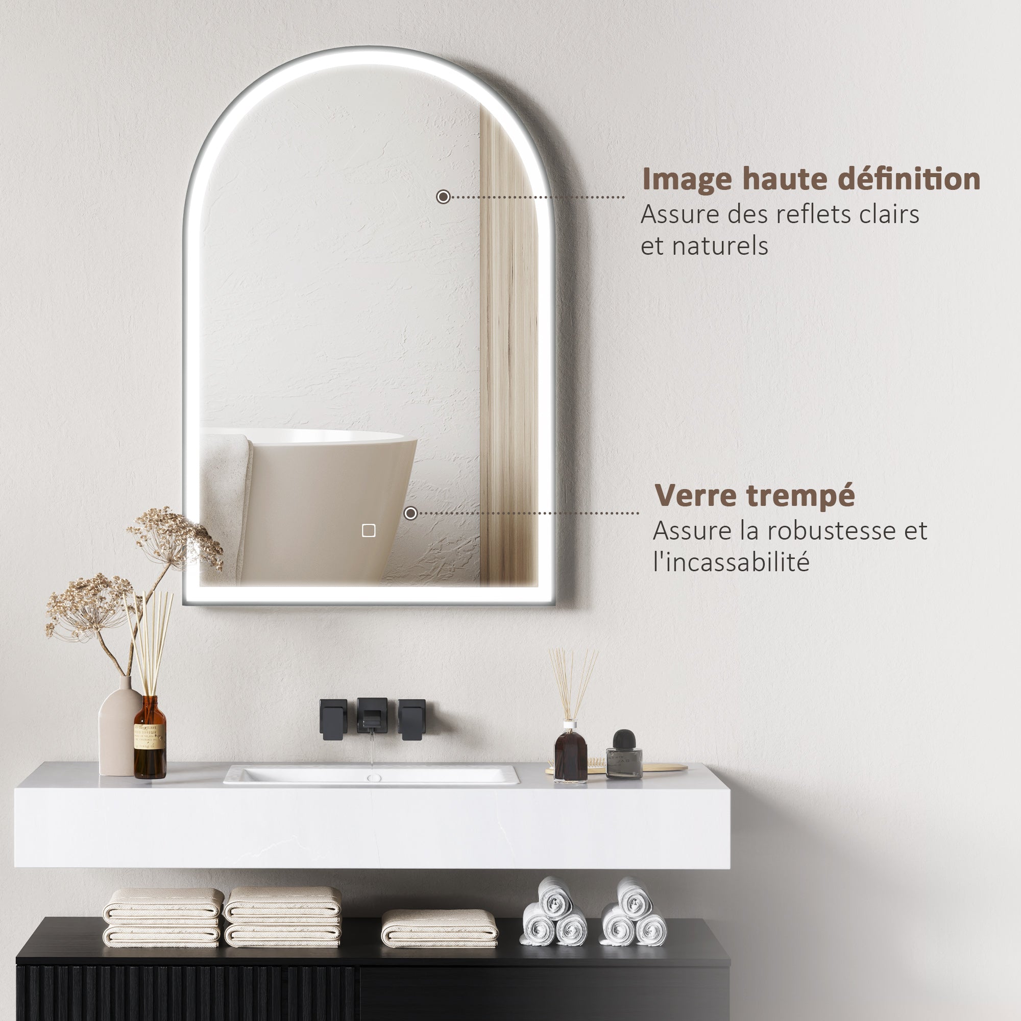 Miroir salle de bain 90 x 60 cm, miroir mural arqué, miroir salle de bain avec éclairage LED, lumière réglable 3 couleurs, anti-buée, mémoire, interrupteur tactile, cadre en aluminium - noir